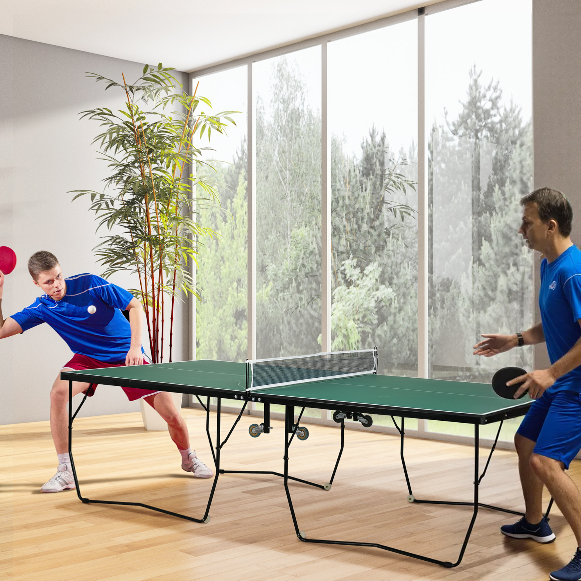 SPORTNOW Tafeltennistafel, groot formaat, opvouwbaar, 8 wielen, incl. rackets en ballen, groen, 2,74 x 1,52 x 0,76 m