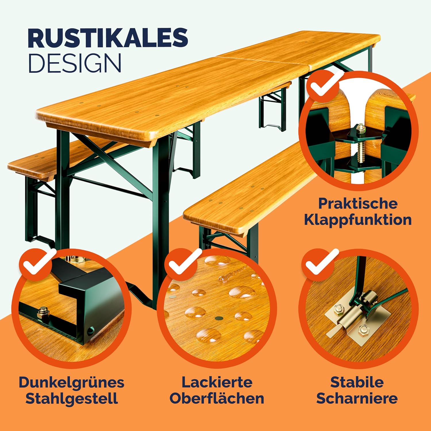 Casaria® Bierzeltgarnitur 220 cm Klappbar Stabil 3 Teilig 2X Bierbank 1x Breiter Tisch Holz Biertischgarnitur Festzeltgarnitur Biergarten Biergarnitur