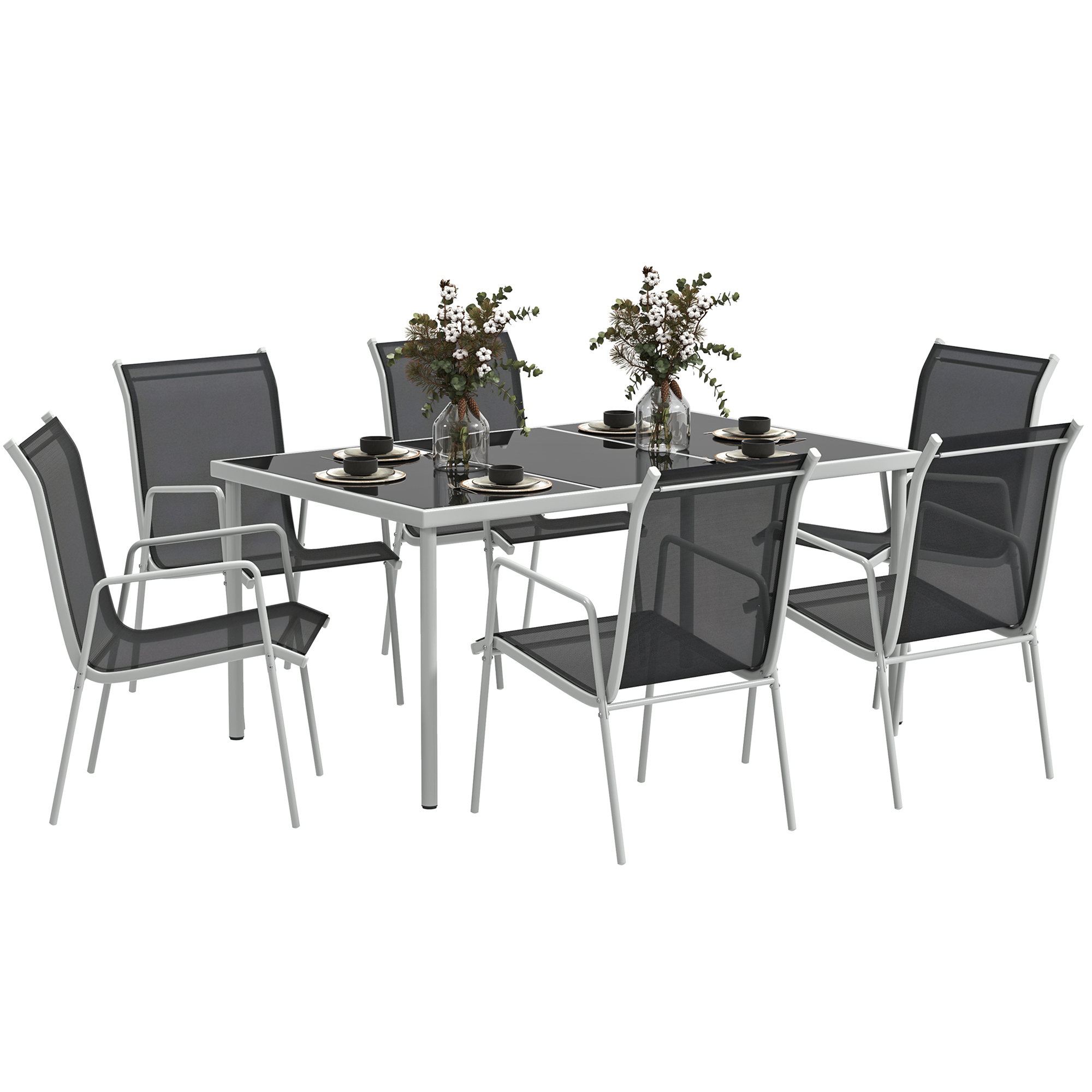 7-delige tuinmeubelset met eettafel en 6 stapelbare stoelen, Glastafel, Zwart