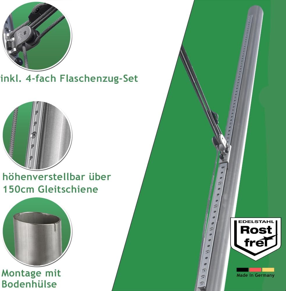 Sonnensegel Stangen Set - ø70mm, höhenverstellbar 3m, aus V2A Edelstahl inkl. Zubehör - 4-Fach Flaschenzug-Set & 0,75m Bodenhülse | Befestigung für sehr große Segel (3er Set)