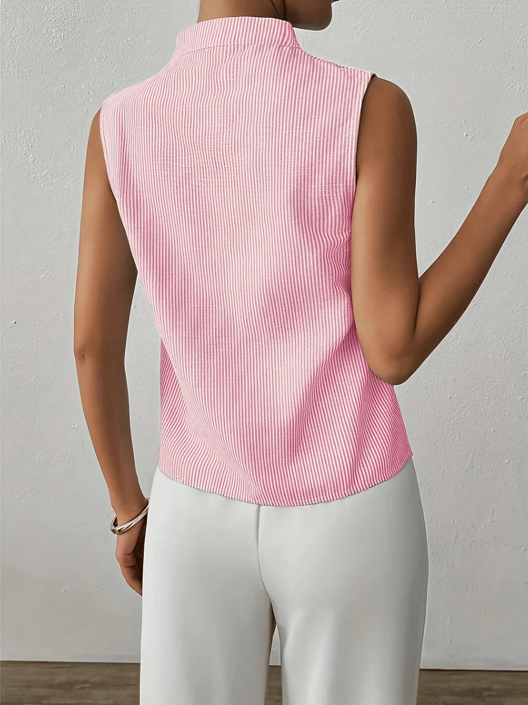 ?rmellose Bluse f��r Damen mit Streifenmuster | Elegantes Business Top mit Stehkragen und V-Ausschnitt f��r das B��ro