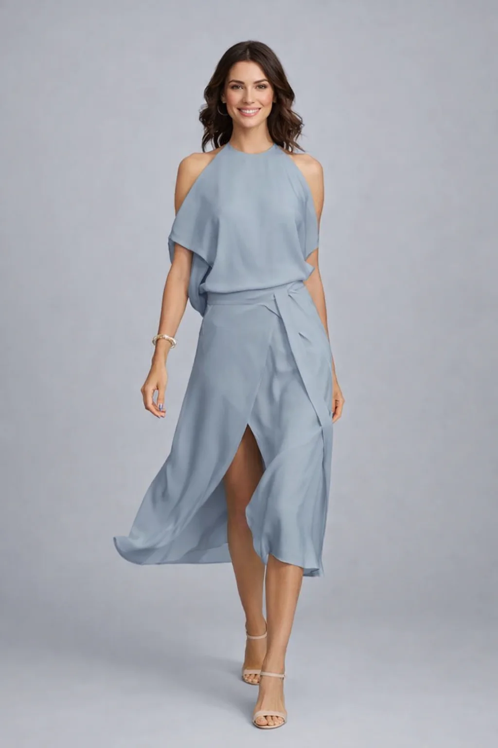 Schulterfreies Damen Sommerkleid Midi Halterneck aus Baumwollmischung Knitterfrei und Pflegeleicht f��r festliche Anl?sse