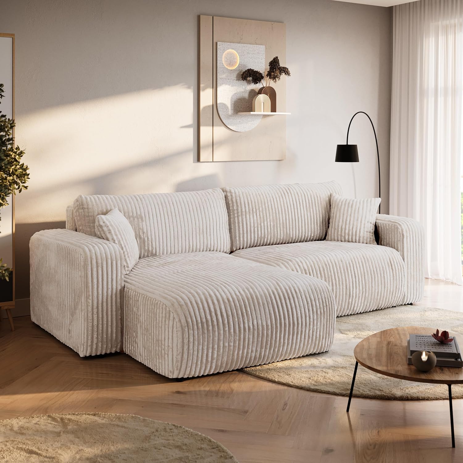 BROMARKT Ecksofa mit Schlaffunktion Creme Couch L-Form Cordstoff Sofa mit Bettkasten Wohnzimmer Schlafcouch Schlafsofa mit Stauraum Eckcouch 3 Sitzer Wohnlandschaft 244x148x82 cm TILIO