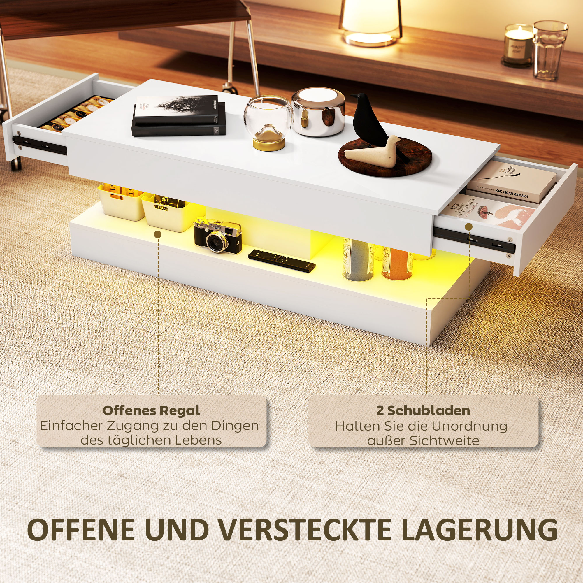 Salontafel met Lades en LED-verlichting, moderne Sofatafel met open opbergruimte, Salontafel, Spaanplaat, Wit