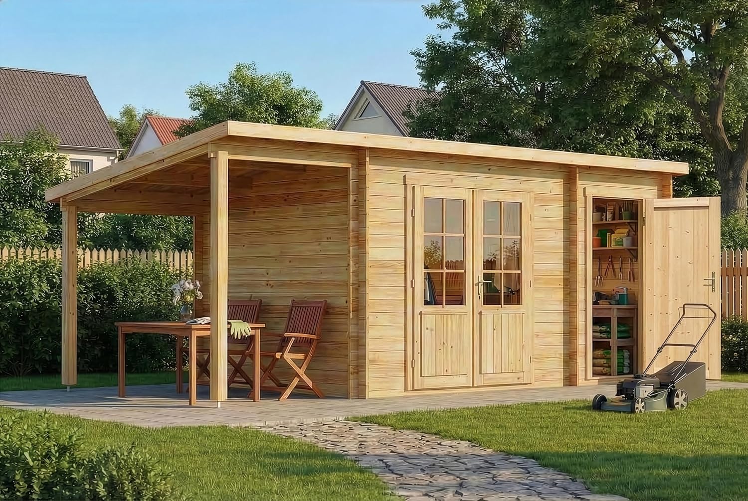 Alpholz Gartenhaus Maria mit Anbau & Schleppdach aus naturbelassenem Holz mit 40mm Wandstärke 598 x 272 cm