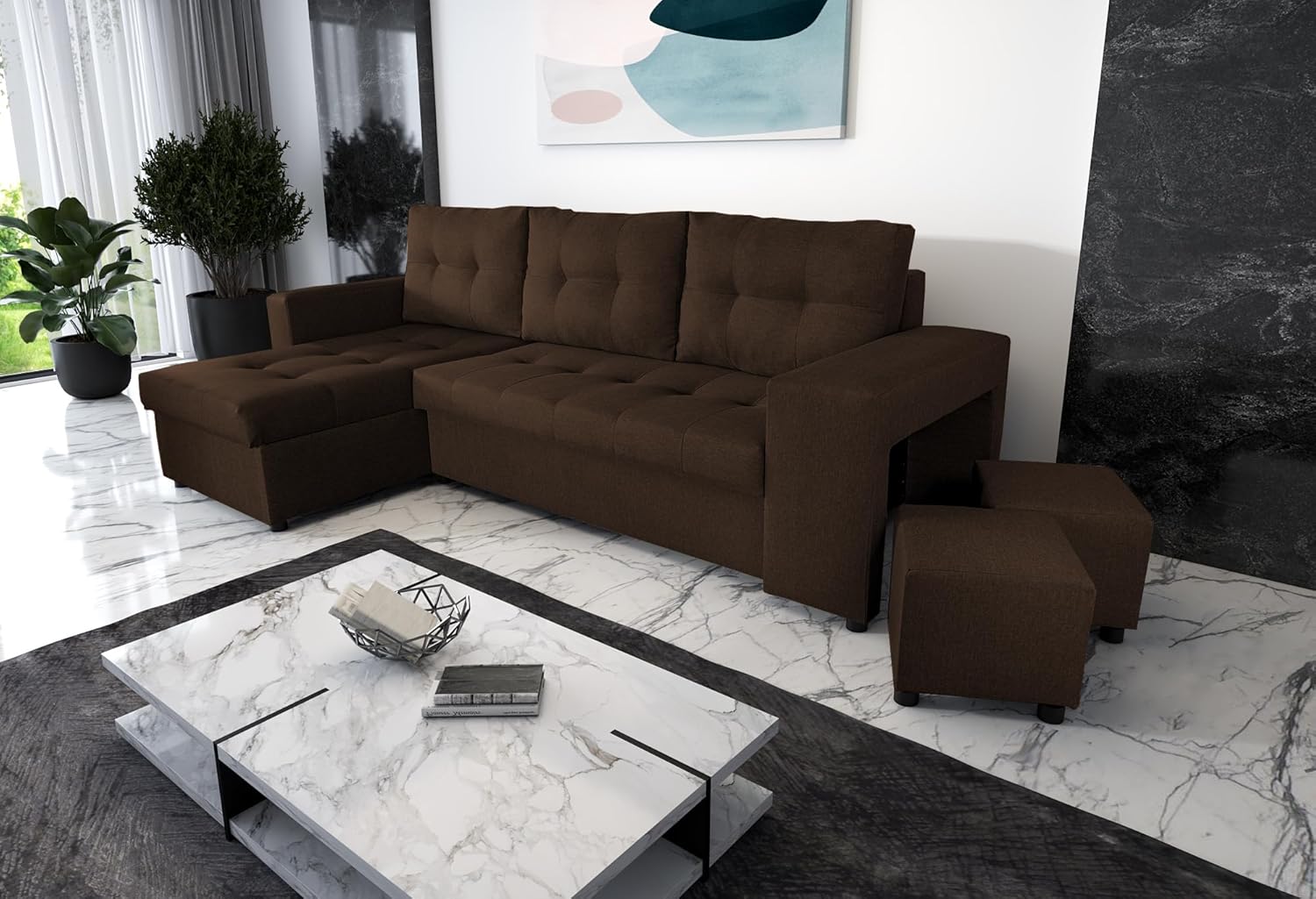 NAWSTOL - Sofa narożna Leon z funkcją spania i skrzynią na pościel – nowoczesna sofa do salonu – możliwość montażu z lewej lub prawej strony (szara + biała sztuczna skóra)