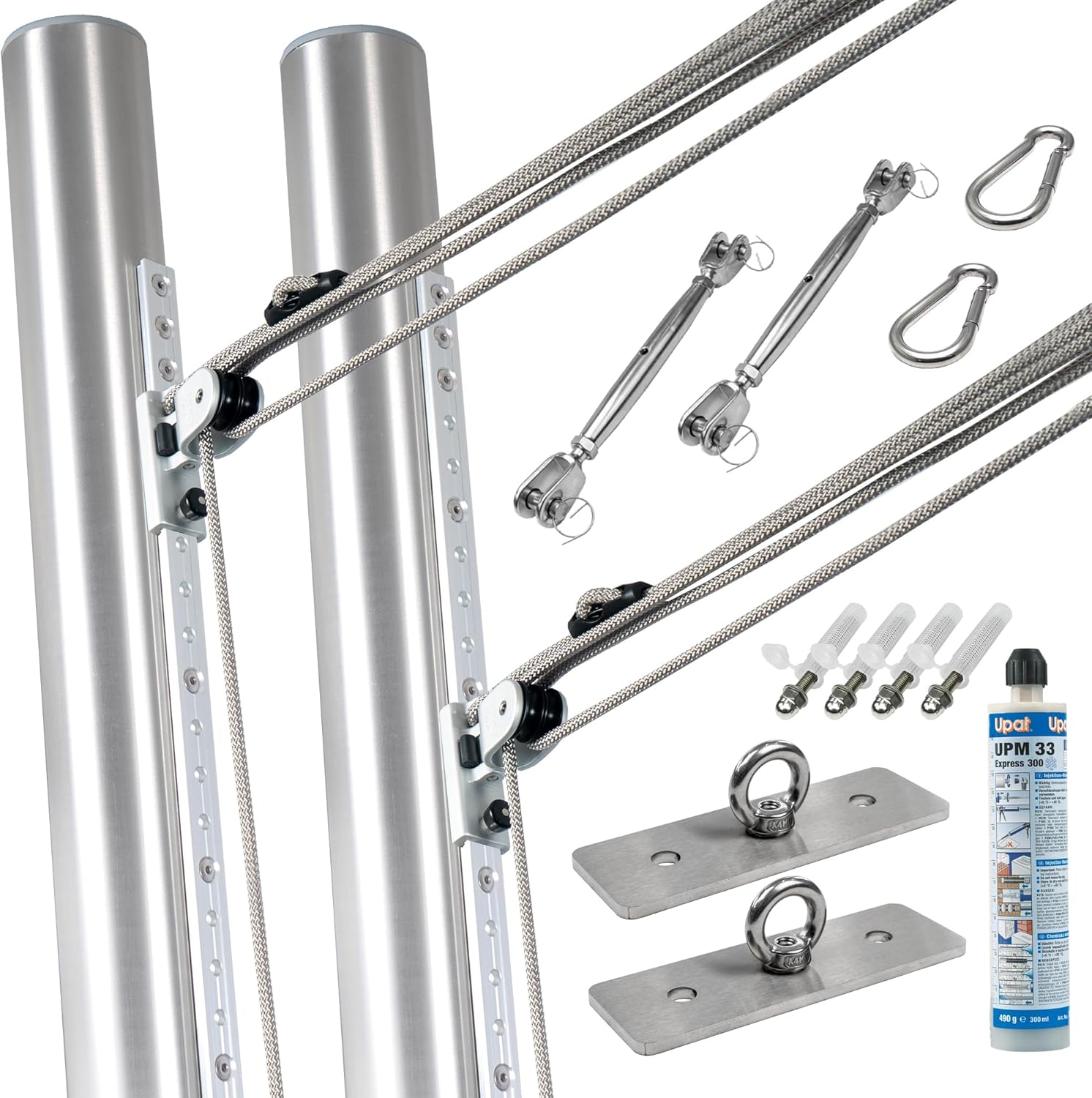 Befestigungs-Set für viereckige Sonnensegel | 2 Wandhalter & 2 Masten höhenverstellbar & inkl. Zubehör (In Mauerwerk - 2X Wandhalter/Verankerungen, 2X Wantenspanner/Karabiner)