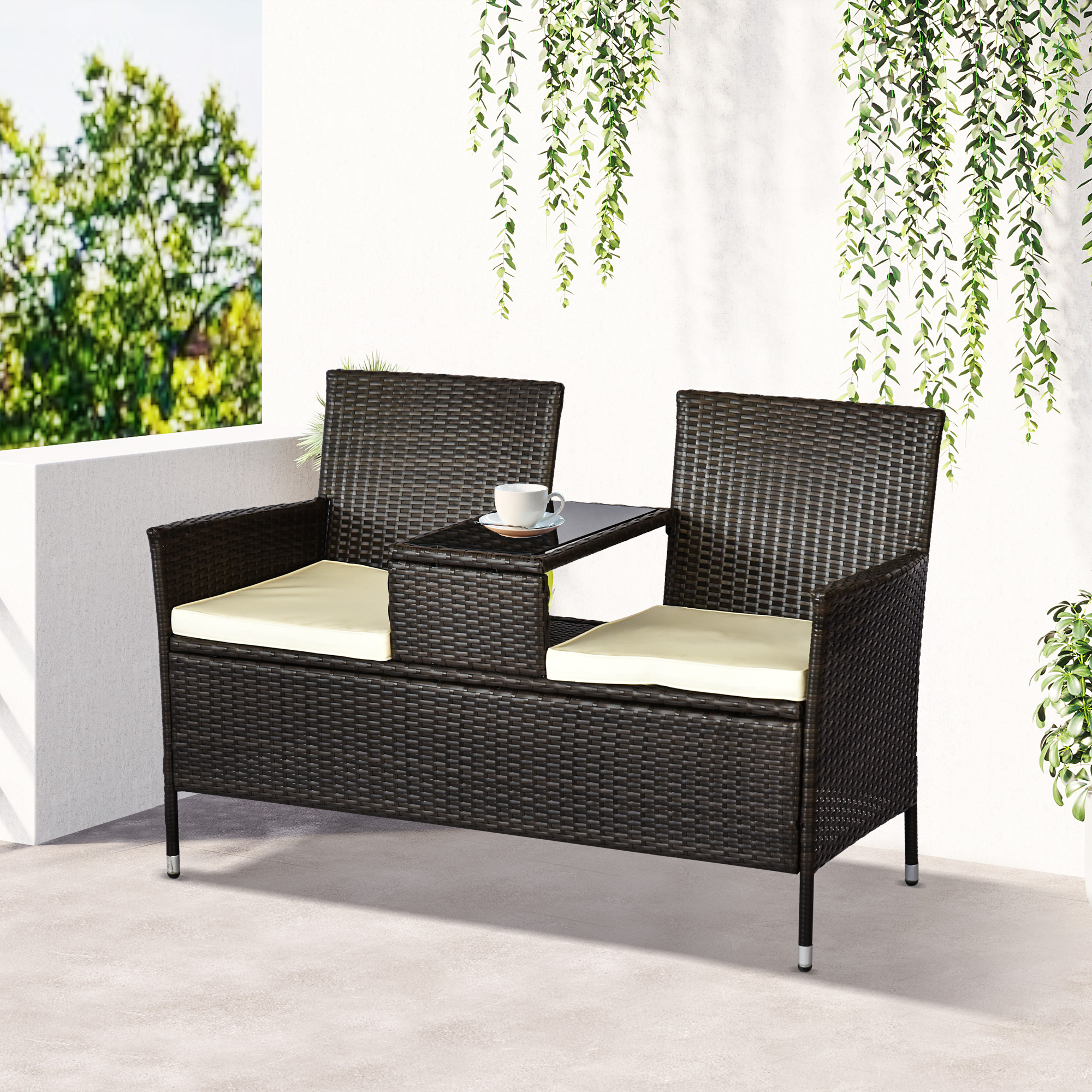 Poly-rotan tuinbank met tafel tuinbank bank 2-zits staal bruin