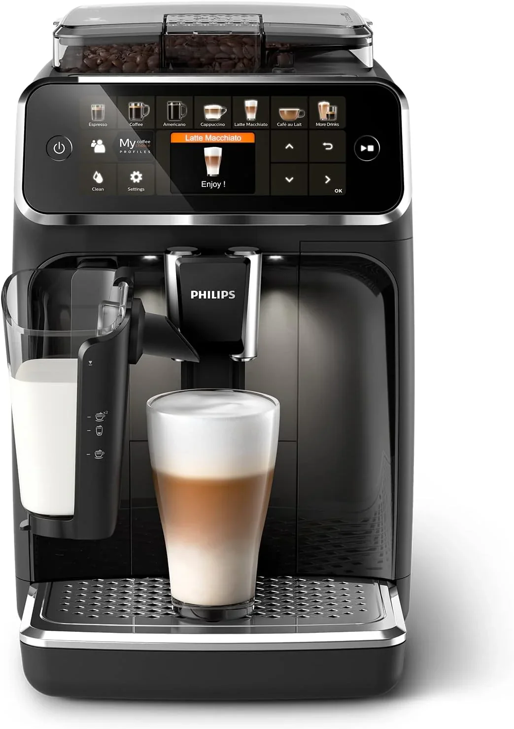 Philips 5400 Series Superautomatic Coffee Maker - LatteGo Milk System, 12 Coffee Varieties, Intuitive Display, 4 User Profiles, Chrome (EP5447/90)