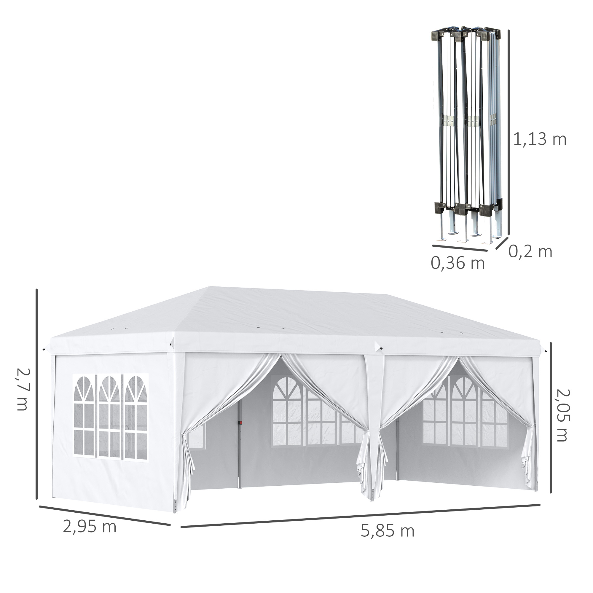 Outsunny Vouwtent van 6 x 3 m, verwijderbare zijwanden, grote ramen, deuren met ritssluiting, stalen frame, wit