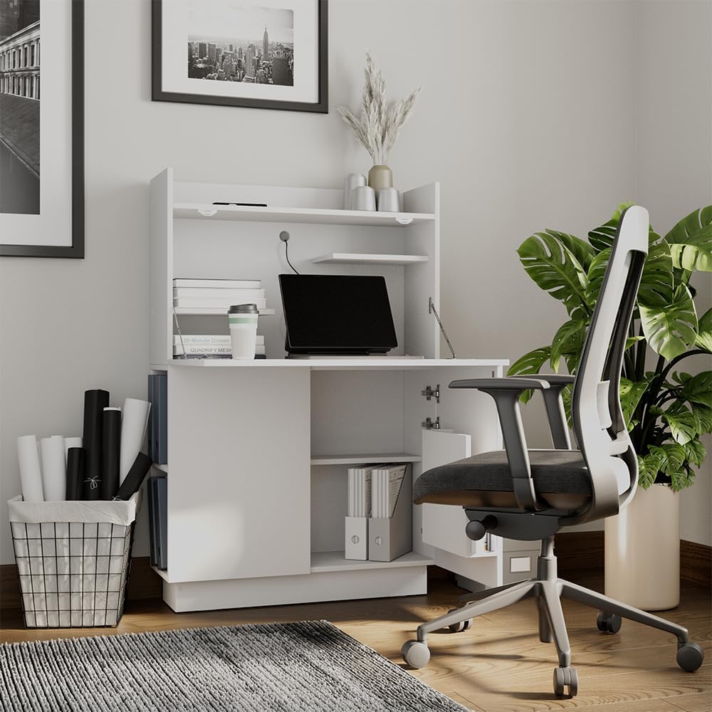 Vicco Sekretär Schreibtisch Alena, Arbeitstisch mit Schrank, Weiß, 85 x 27 cm