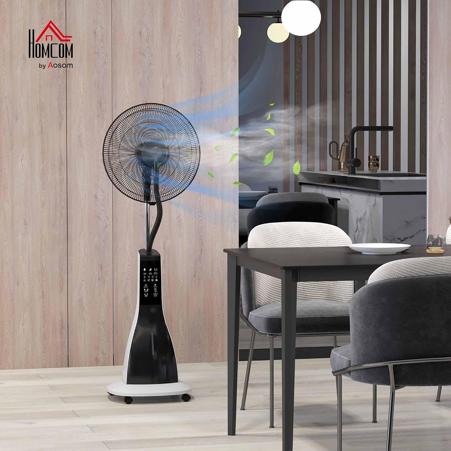 HOMCOM Ventilador Nebulizador de Agua 90 W con Mando a Distancia Ventilador de Pie Oscilante Temporizador Tanque 3L 3 Velocidades 5 Aspas y Pantalla LED Ø44,5 cm Blanco y Negro