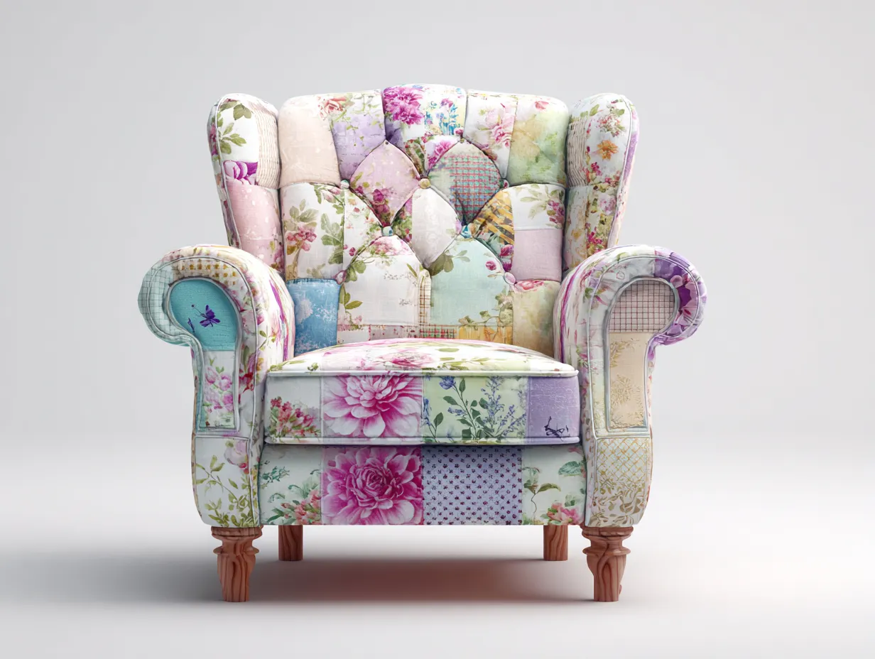Stoffsessel-Stoff-84x79x98 cm-rosa-hellblau-creme-bunt-Vintage Patchwork Design