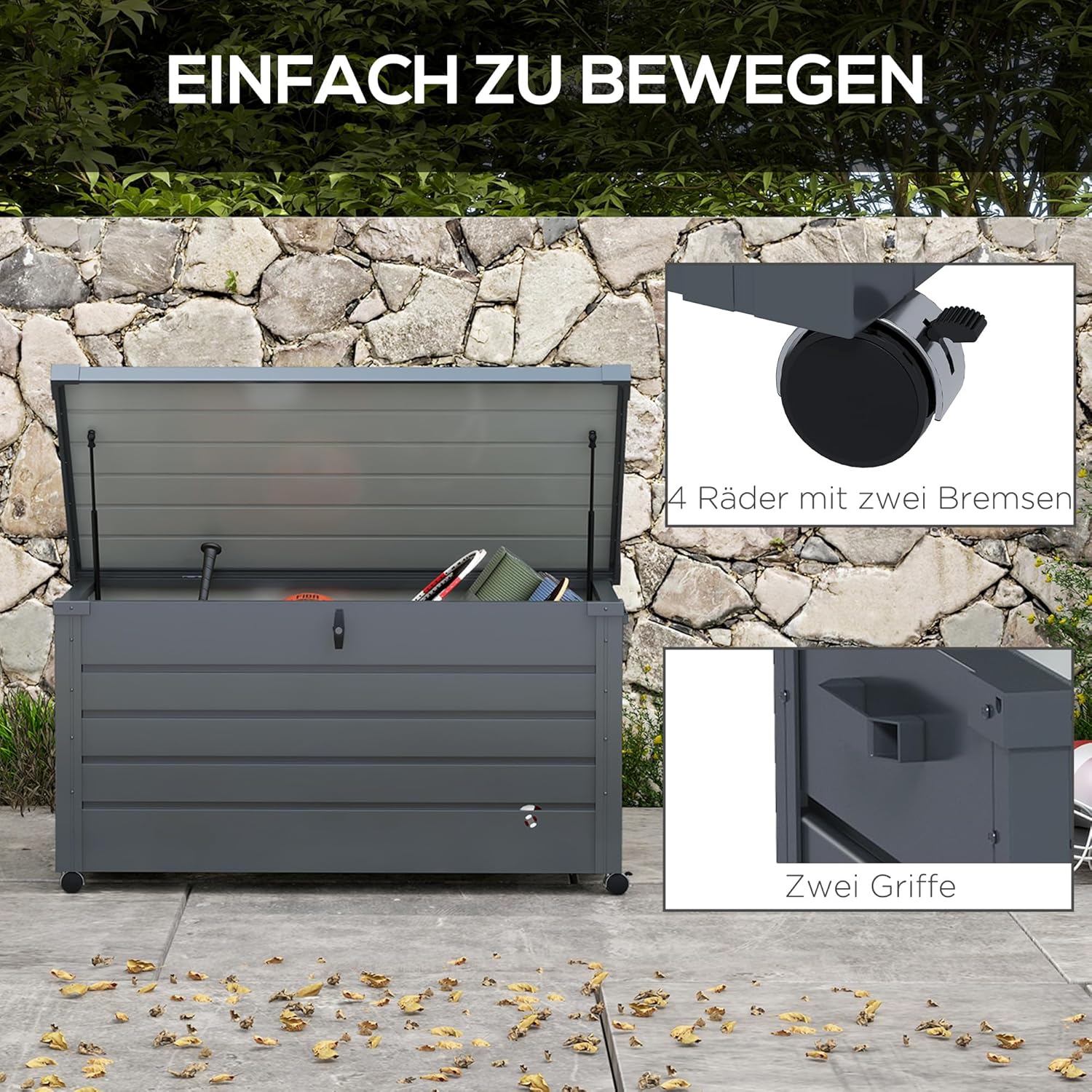 Outsunny Gartenbox Metall 311 Liter Auflagenbox mit Griffen Rollen Schloss Wasserdicht Abschließbar Gartentruhe Outdoor Kissenbox wetterfest Aufbewahrungsbox für Garten Balkon 120 x 62cm Dunkelgrau