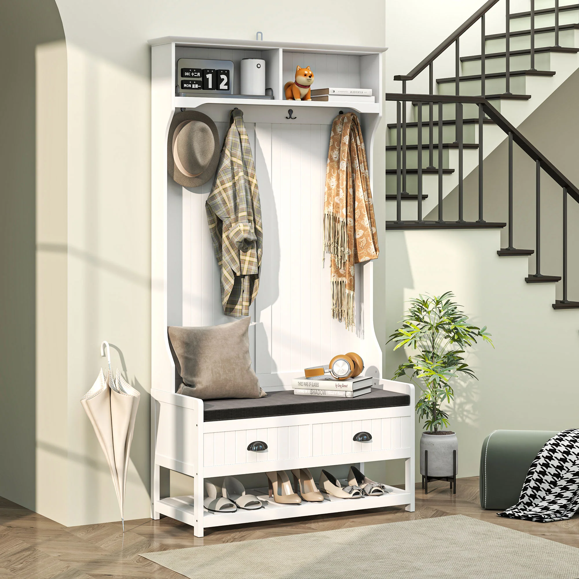HOMCOM Garderobenständer Schuhbank All-in-1 Design Weiß