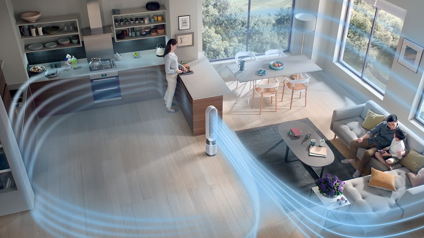 Le Dyson Purifier Cool Gen1 purifiant et ventilant une pi&egrave;ce &agrave; vivre.