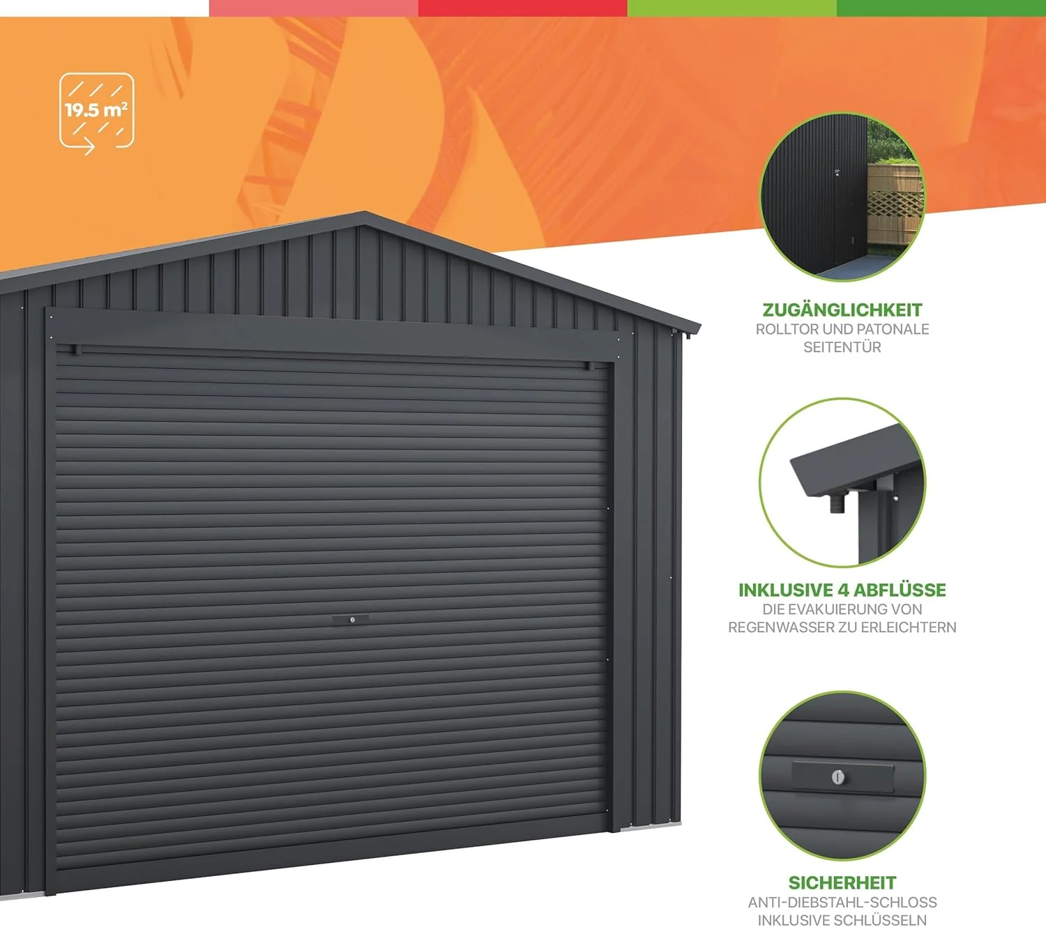 Wasabi - Garaje Metálico 19,52m2 Jarama – Portón Amplio Enrollable - Resguardo Exterior Coche - Cierre Seguridad Llave - Puerta Lateral Peatonal - Cochera Cobertizo Jardín Almacenaje – 576x338x243cm