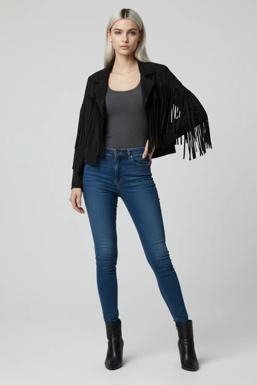Black Tassel Fringe Suede Short Jacket