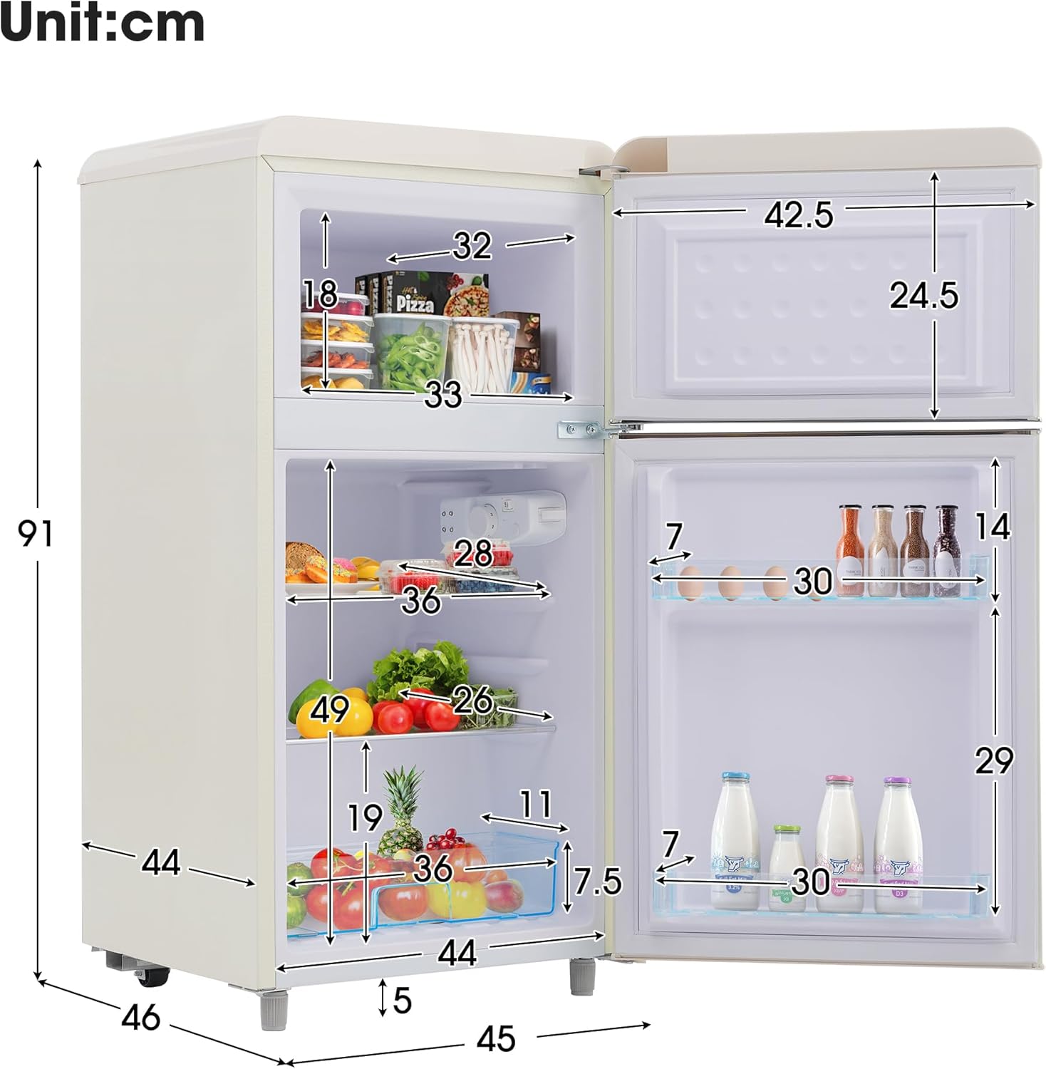 Merax Retro Kühlschrank, Doppeltür, 72L Gesamtvolumen, 21L Gefrierfach, Energieklasse E, 120 kWh/Jahr, LED-Beleuchtung, 3 verstellbare Einlegeböden Weiß