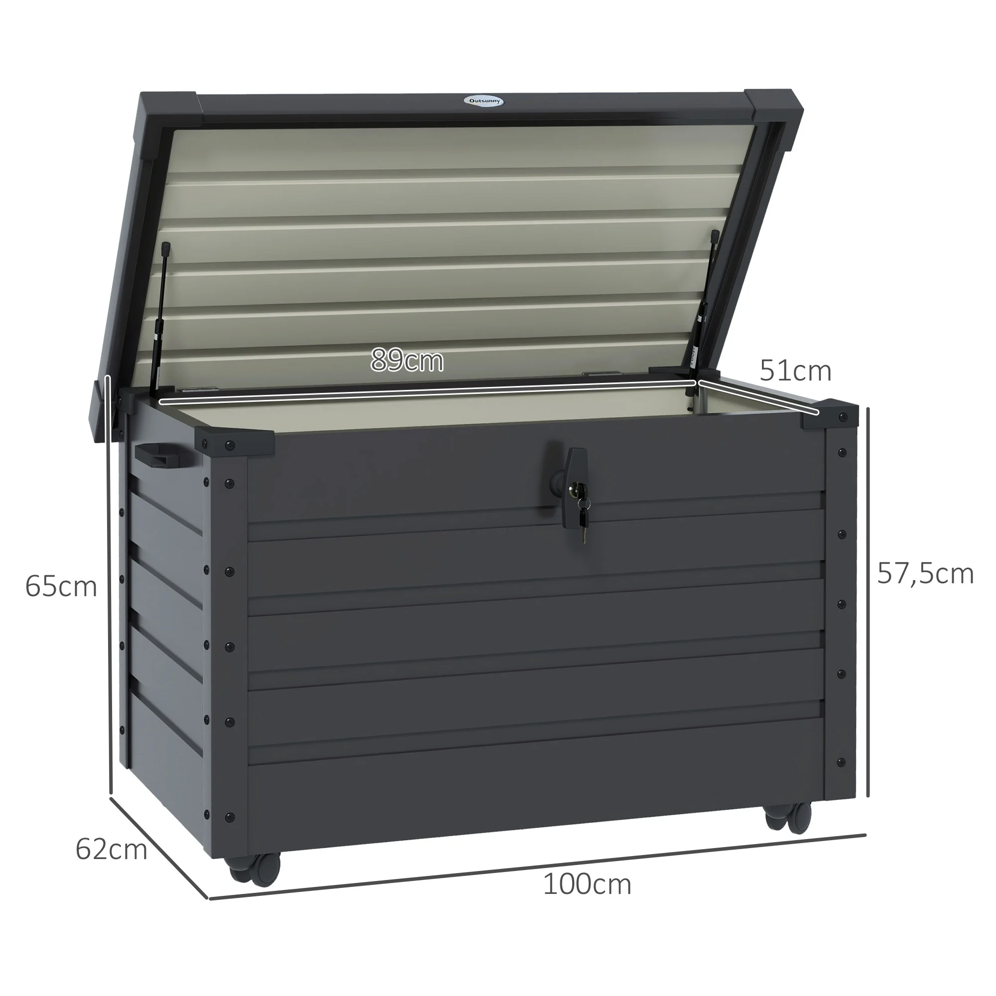 Outsunny Buiten Opbergbox Tuinkist Kussenbox, weerbestendig, 4 Wielen, 100 cm x 62 cm x 65 cm, Donkergrijs