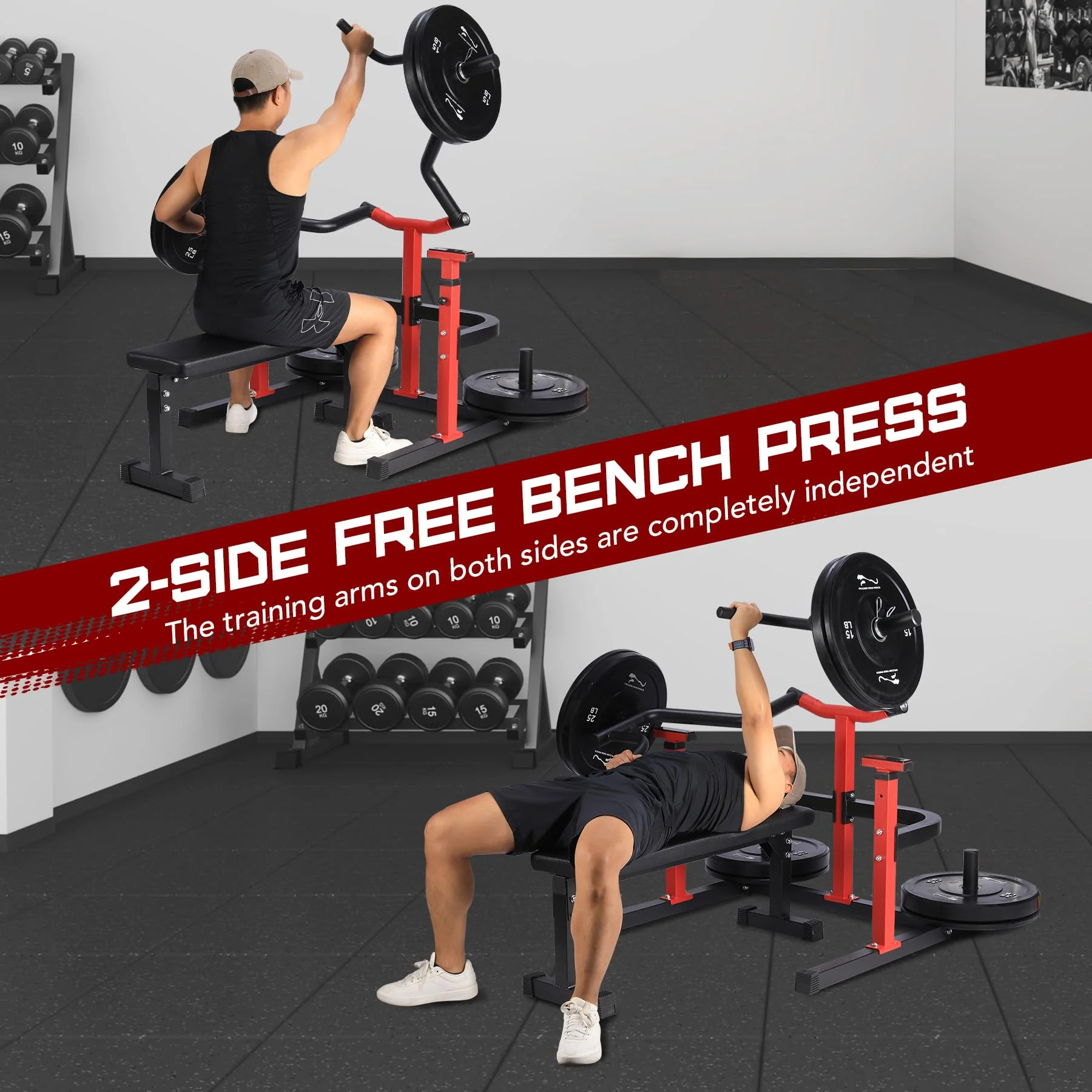 Chest Press Machine, 1050LBS Capacity, Independent Converging Arms, Weight Bench Press with Adjustable Flat Bench for Upper Body Workouts, Red