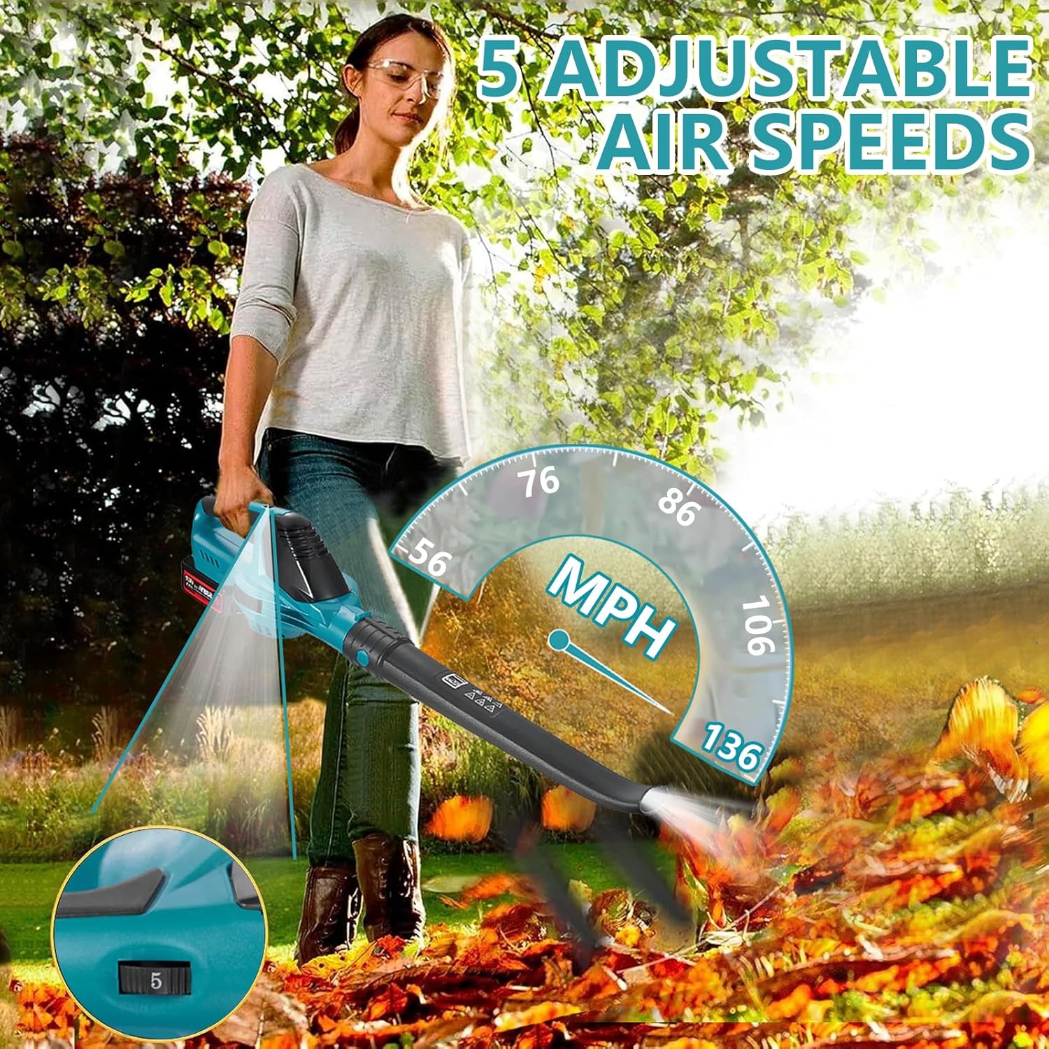 Laubbläser Akku für Makita Akku 18V, 219 km/h 5-Gang Luftgeschwindigkeit Gebläse, 28000RPM Bürstenlosen Leistungsstark Laubgebläse (Schwarz mit 2 Batterie)