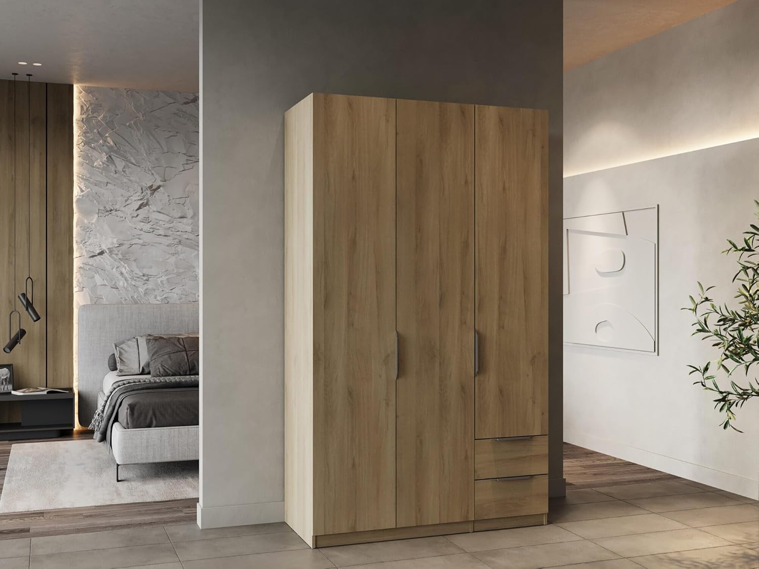 Demeyere Vestidor con Armario Moderno 3 Puertas 2 cajones 4 nichos, Color Roble Kronberg, 119,4 x 51,1 x 203 cm, Madera de ingeniería