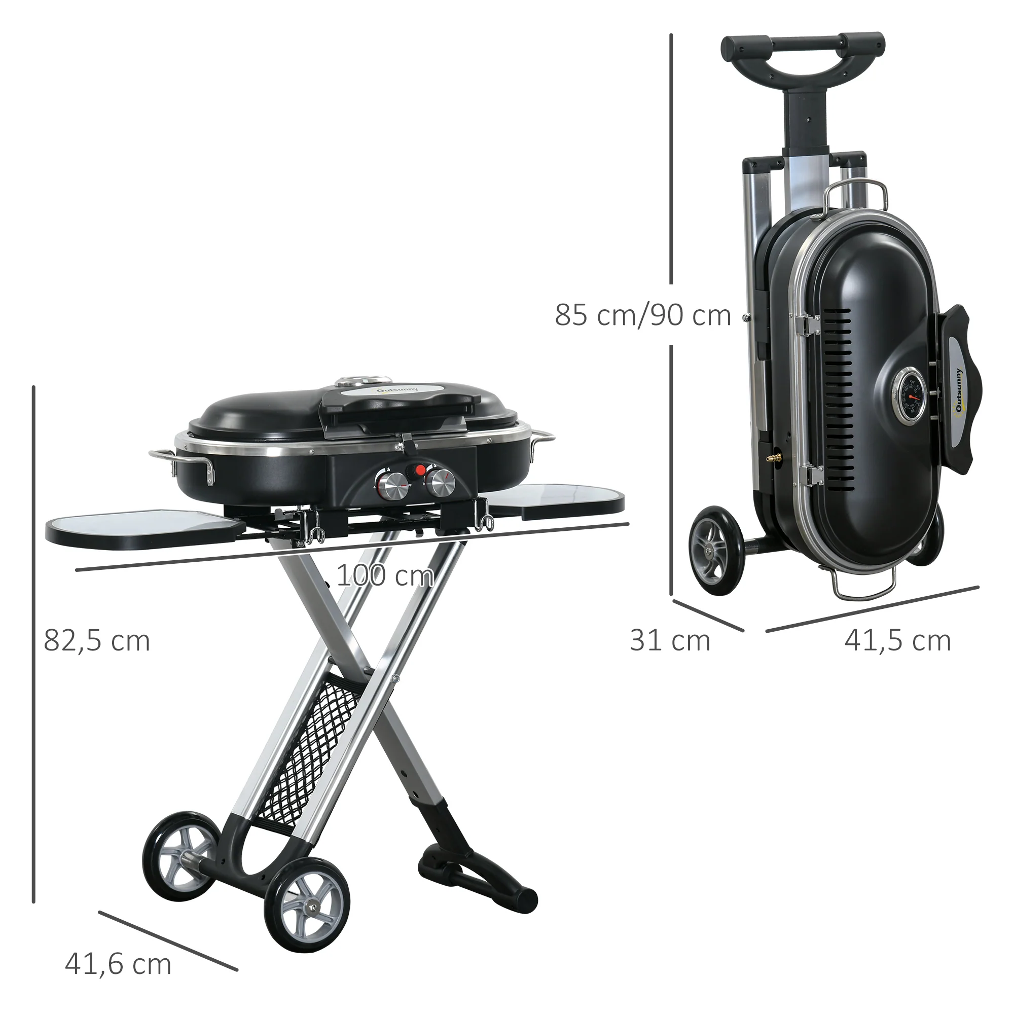 Outsunny Grillkar, inklapbaar, opbergrek, vetopvangbak, roestvrij, aluminium, 100 x 41,6 x 82,5 cm, zwart/zilver