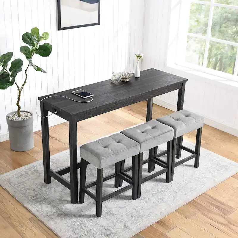 Bar Dining Table Set and 3 Bar Stools with Power Outlet Kitchen Breakfast Nook Wooden Dining Table Chairs Sets