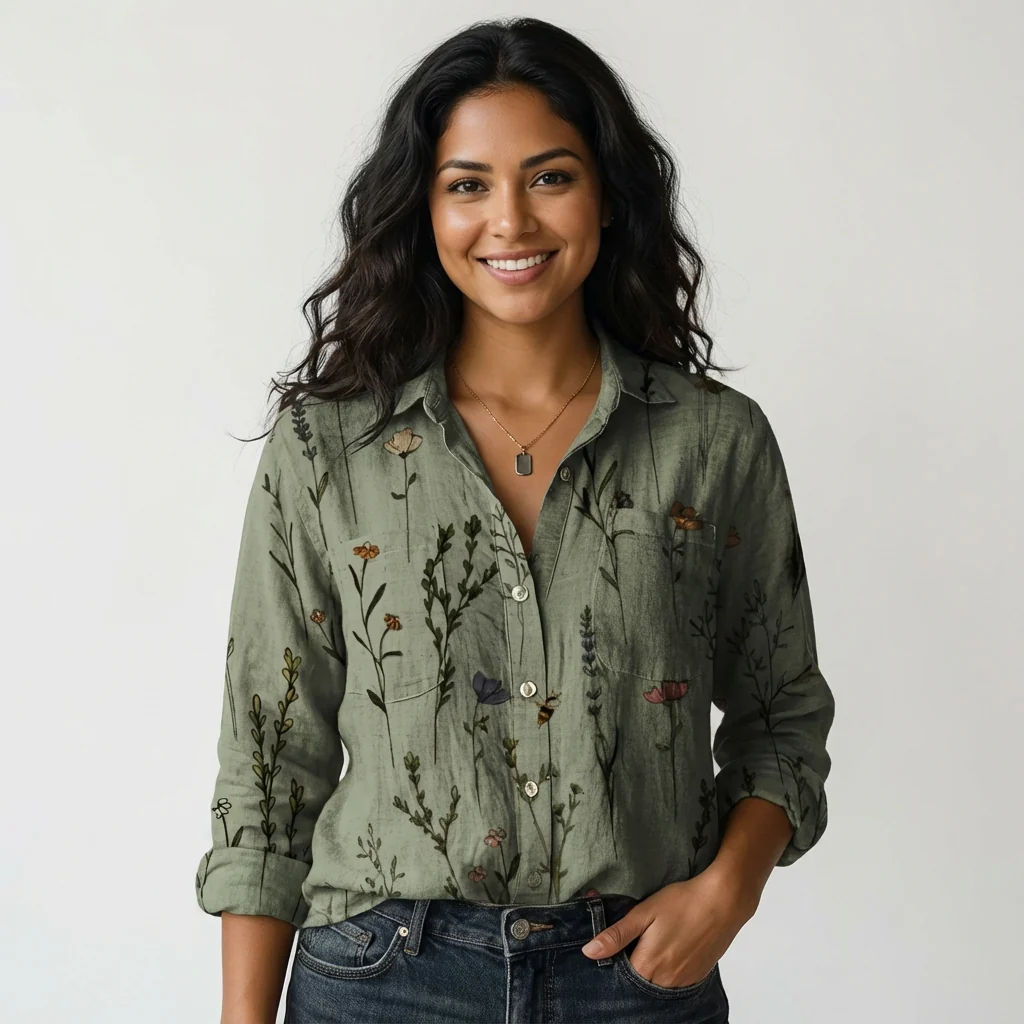 Damen Bluse mit botanischem Print | Leichtes Sommerhemd mit Knopfleiste | Luftiges Oberteil f��r Freizeit und den Urlaub