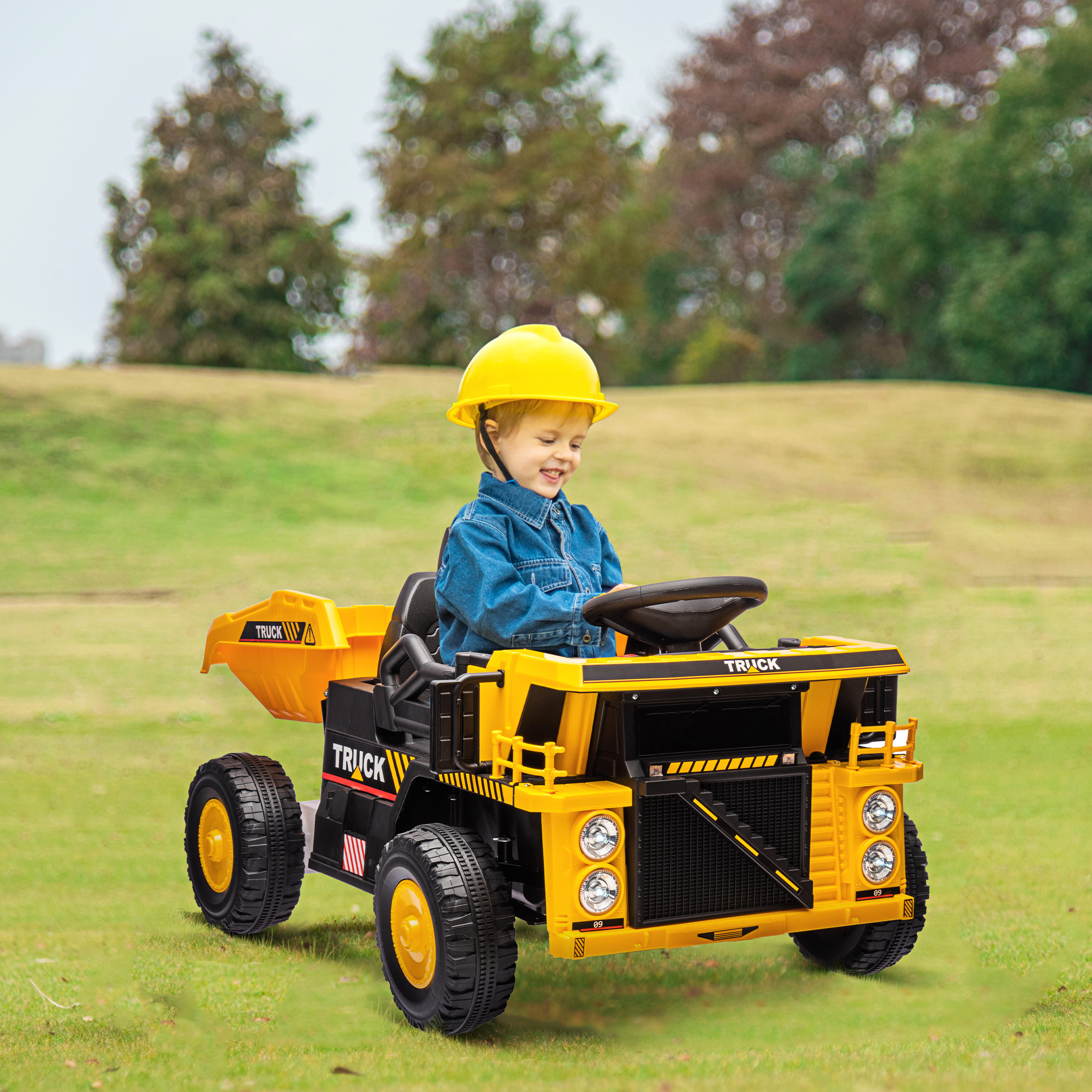 AIYAPLAY Elektrische Kiepwagen, 3-6 km/u, Speelgoedauto, Kantelbare Laadbak, Licht & Muziek, voor 3-5 Jaar