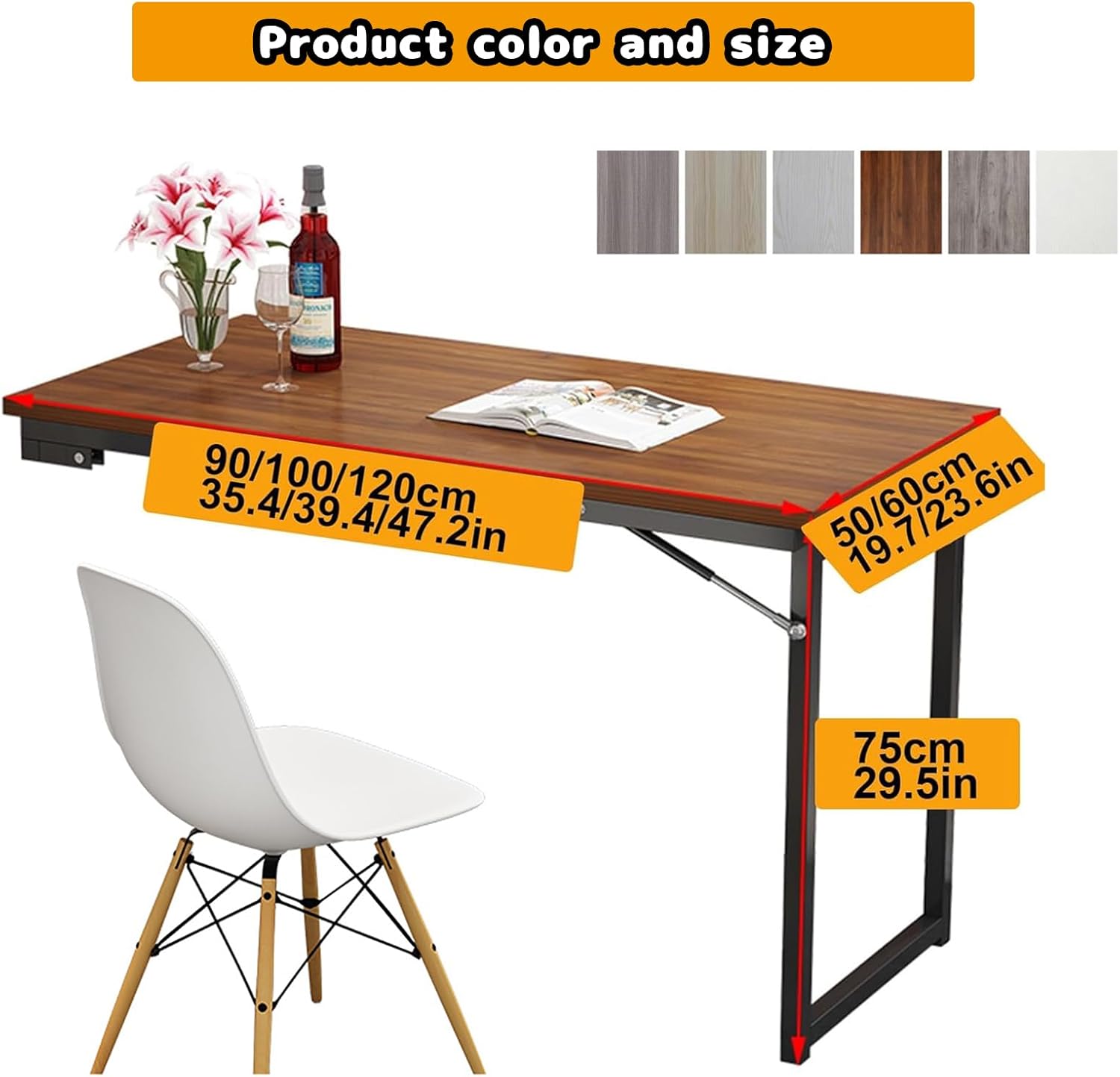 Wandtisch klappbar Drop-Leaf-Wandklapptisch, klapptisch wandhalterung, klappbarer Küchentisch für 2-4 Personen, 90×60×75cm, Klapptisch Wand Platzsparender, Küchenregal für Balkon