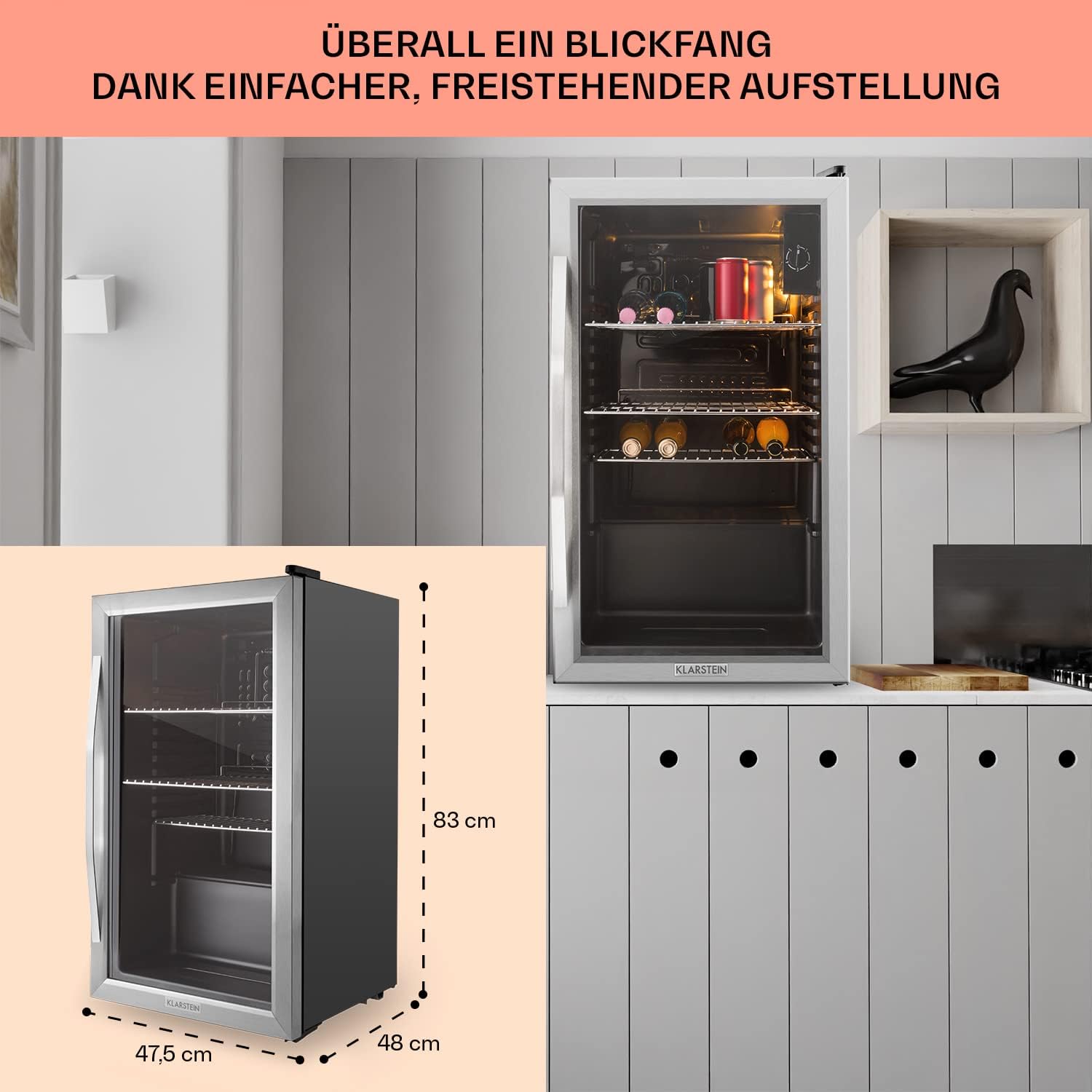 Klarstein Mini Kühlschrank mit Glastür für Zimmer, Getrnkekühlschrank mit Verstellbaren Ablagen, Kleiner 80 Liter, Indoor/Outdoor Kühlschrank Leise