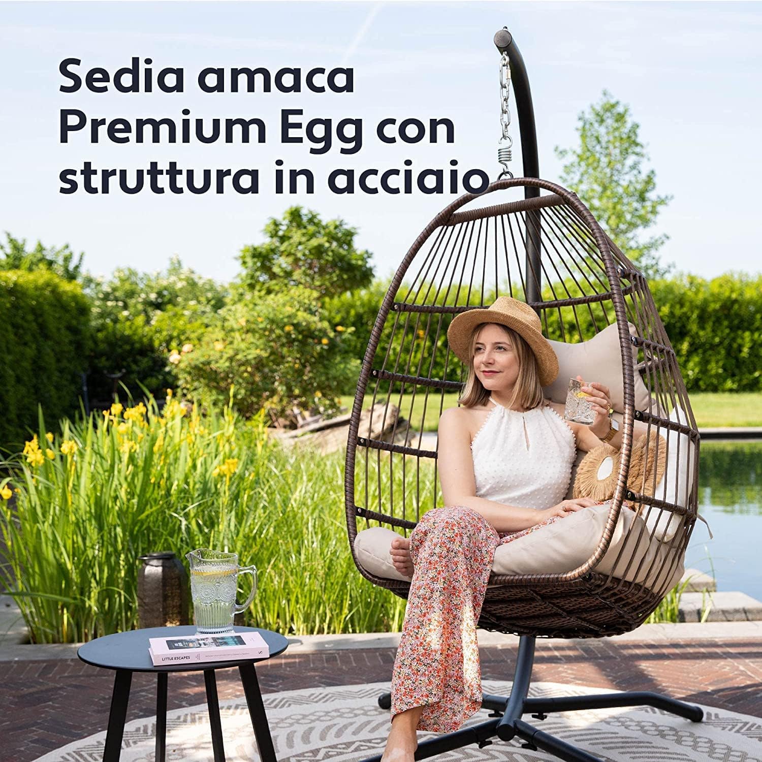VITA5 Fotel Wiszący Rattanowy z Stelażem, Komfortowy do Użytku Wewnętrznego i Zewnętrznego, Idealny na Taras, Sypialnię i Kącik do Czytania, Nośność 150 kg, Kremowo-Biały