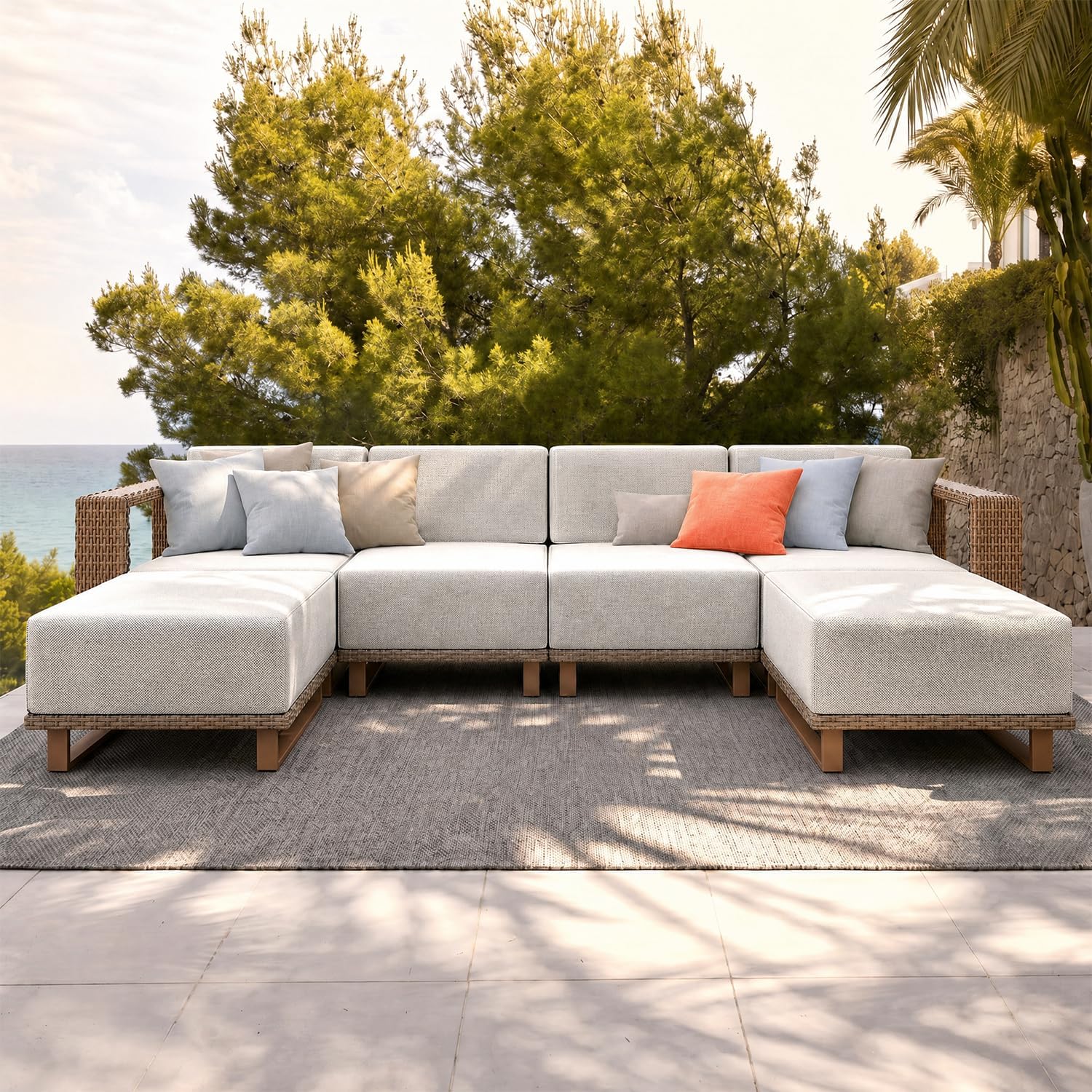 MIXPATIO Patio Sectional Furniture Set, 6 Piece Outdoor Wicker Sofa Couch Set, Yellow Rattan Modular Outdoor Conversation Sets with 10