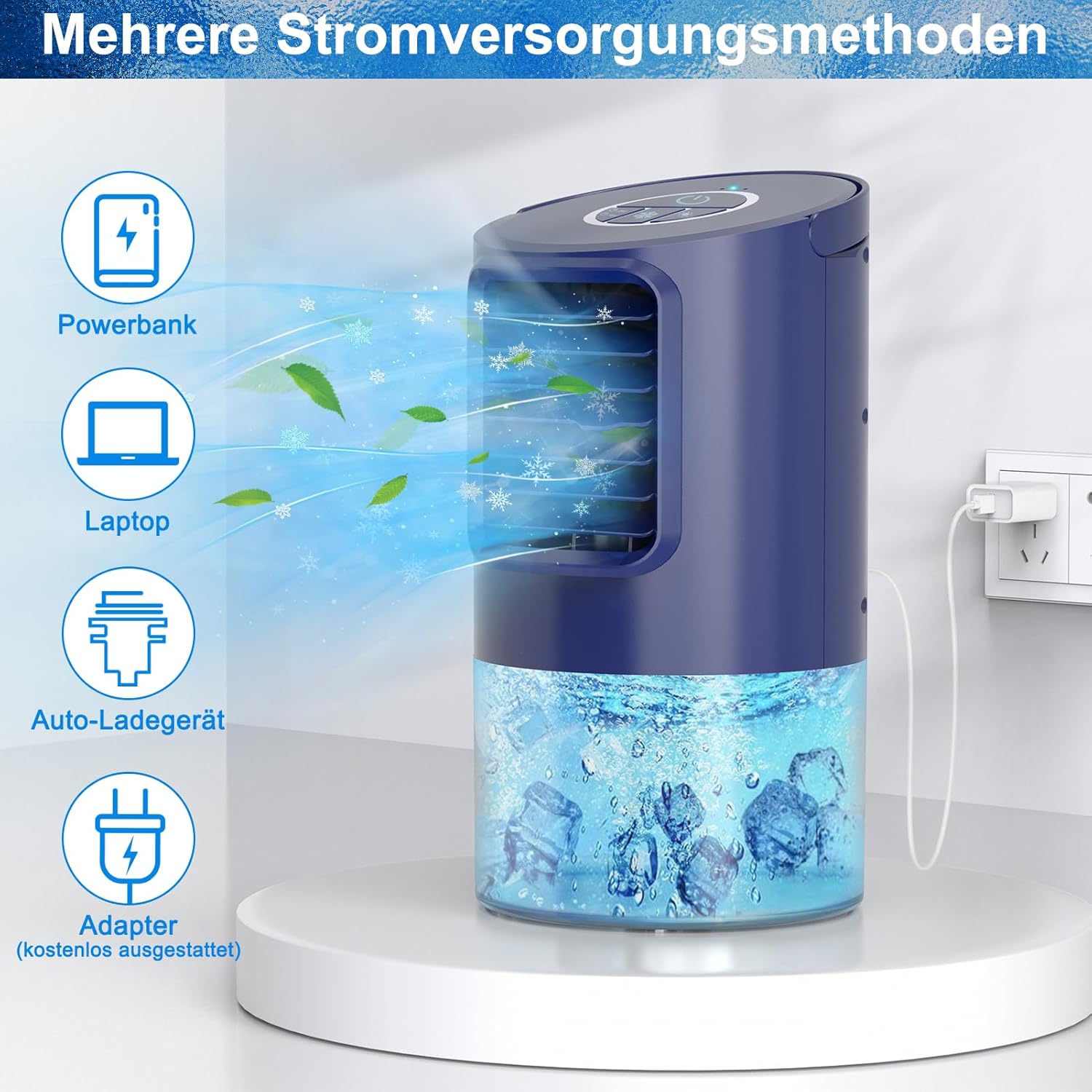 RenFox Klimagerte Mini Luftkühler, 5 in 1 Mobile Klimaanlage, Air Cooler Klimagert, Ventilator, Luftbefeuchter, 3 Geschwindigkeiten, 7 LED Luftkühler Klein für Zuhause und Büro