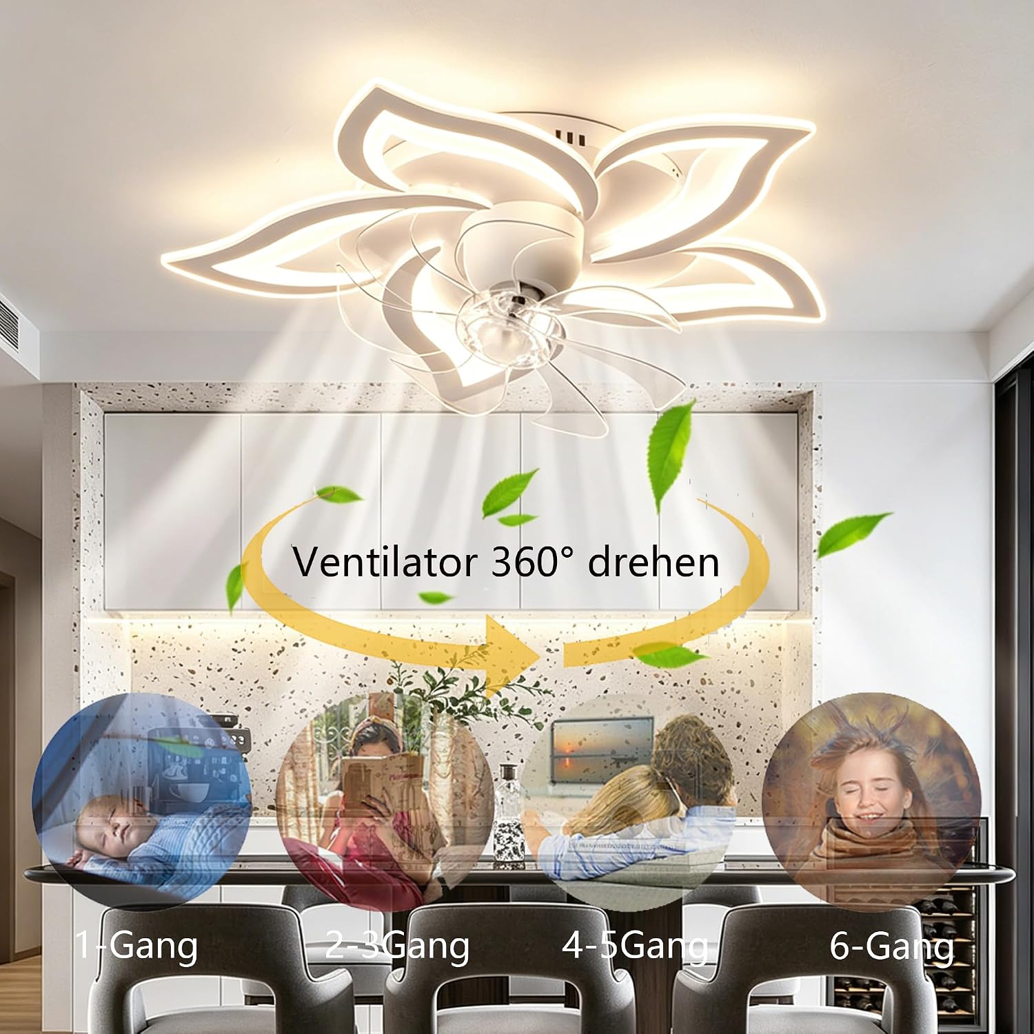 Leise LED Deckenventilator mit Beleuchtung,360° Drehbar Fan Lampe,69cm Dimmbare Deckenlampe mit Ventilator und Fernbedienung/APP,Timer 6 Geschwindigkeiten Lampe mit Ventilator (Weiß)