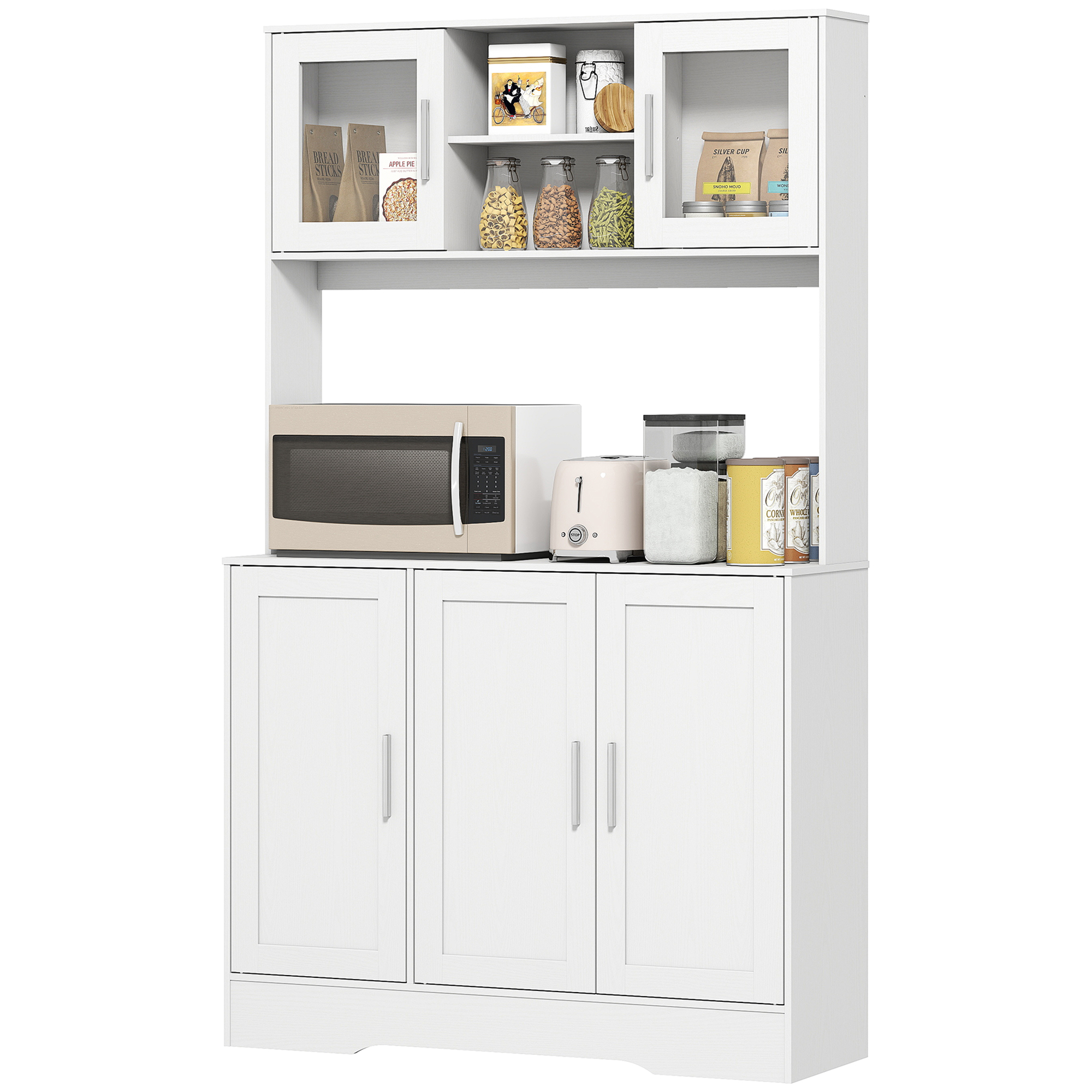 HOMCOM Keukenkast, Scandinavisch Design, 4 Kasten, Verstelbare Planken, Glazen Deuren, Open Vak, Spaanplaat, MDF, Wit