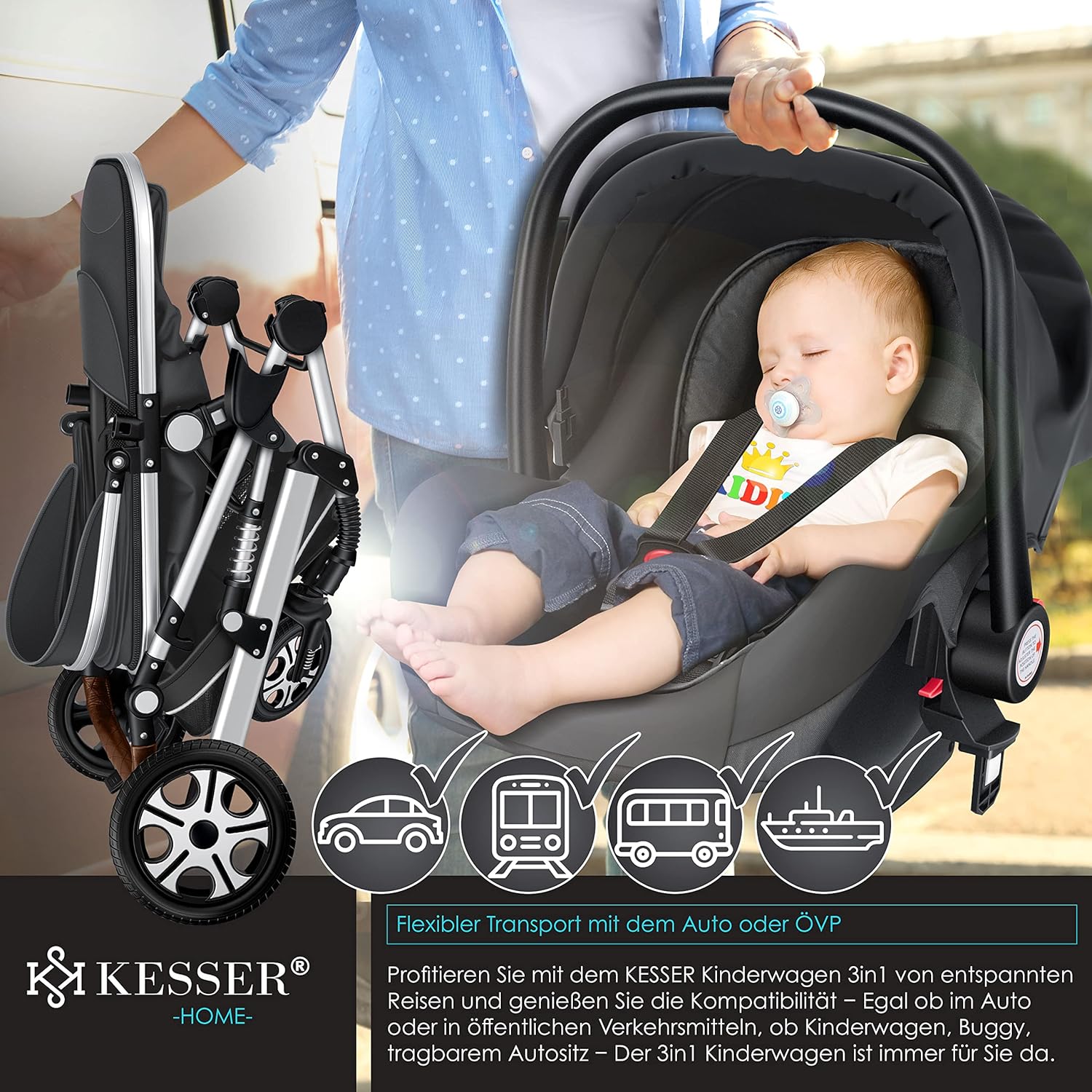 KESSER® Loops 3 in 1 Kinderwagen Kombikinderwagen Komplett-Set inkl. Babywanne & Buggy Sportsitz & Auto-Babyschale Voll-Gummireifen Wickeltasche Regenschutz Kindertisch ECE R129, Schwarz/Champagne