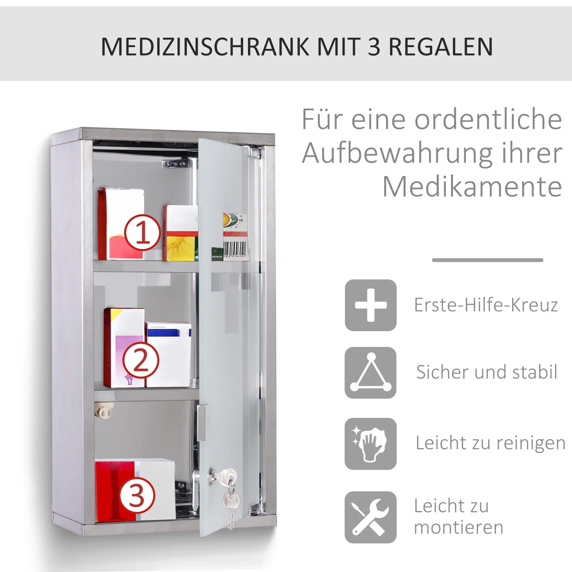 HOMCOM Medicijnkast afsluitbaar 3 vakken roestvrij staal