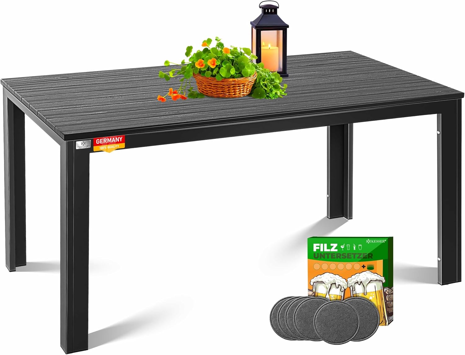 KESSER® Gartentisch 156x78cm für bis 6 Personen Esstisch Wetterfest & UV-Beständig | Outdoor Tisch mit pulverbeschichteter Stahl-Gestell & Kunststoff Tischplatte in Holz-Optik inkl. 6 Filz-Untersetzer