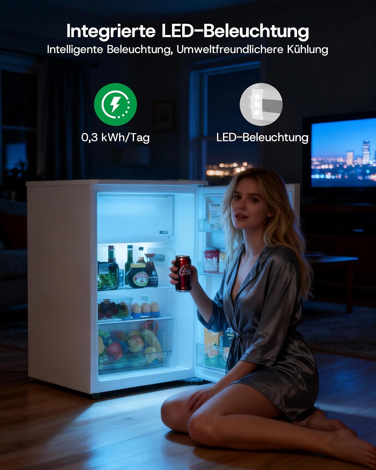Upstreman 115L Kühlschrank mit Gefrierfach，Effizienzklasse D und Elektronische Temperatursteuerung，Kleiner Kühlschrank mit LED Beleuchtung，CR115-Weiß