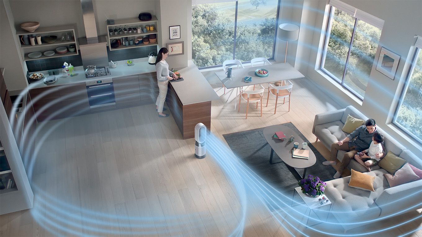 Le Dyson Purifier Hot+Cool Gen1 purifiant une pi&egrave;ce &agrave; vivre.