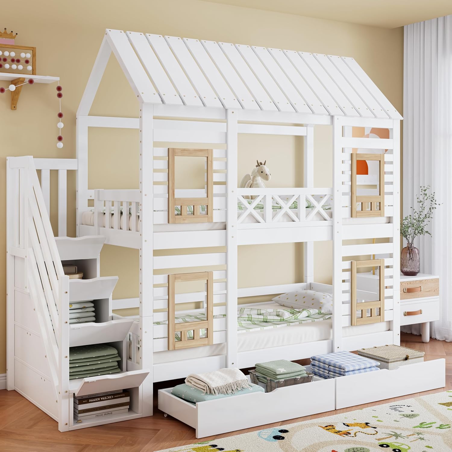 Kinderbett Etagenbett 90 x 200, Hausbett für 2 Kinder, Hochbett mit Lattenrost, Treppe mit 4 Ablagefächern, Rausfallschutz, Zwei Schubladen mit Rollen, Baumhaus Bett mit Fenster und Dach