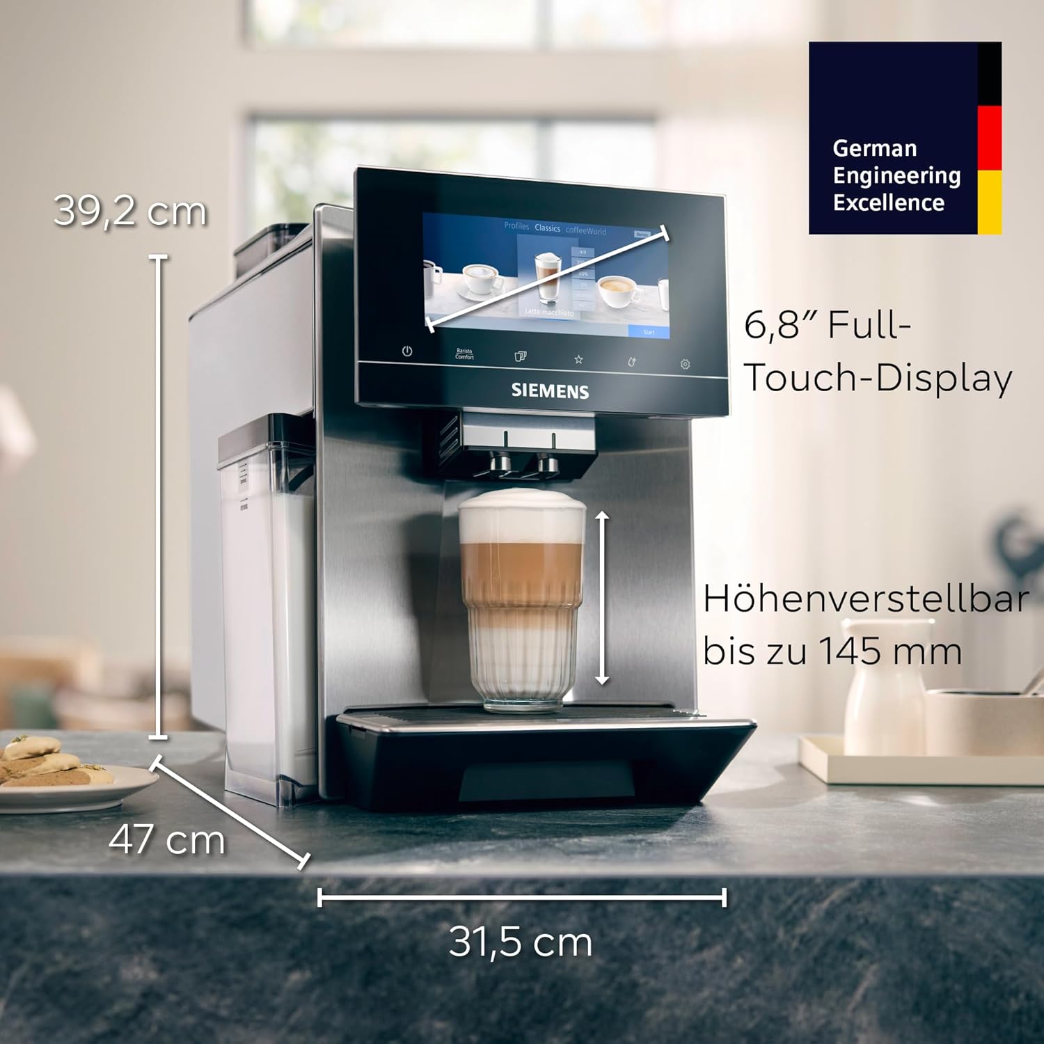 Siemens Kaffeevollautomat EQ900, großes farbiges TFT-Display, 36 Heiß- und Kaltgetränke, Cold Brew, super leise, Keramikmahlwerk, Doppeltassenfunktion, Steuerung per App, Edelstahl, TQ905D03