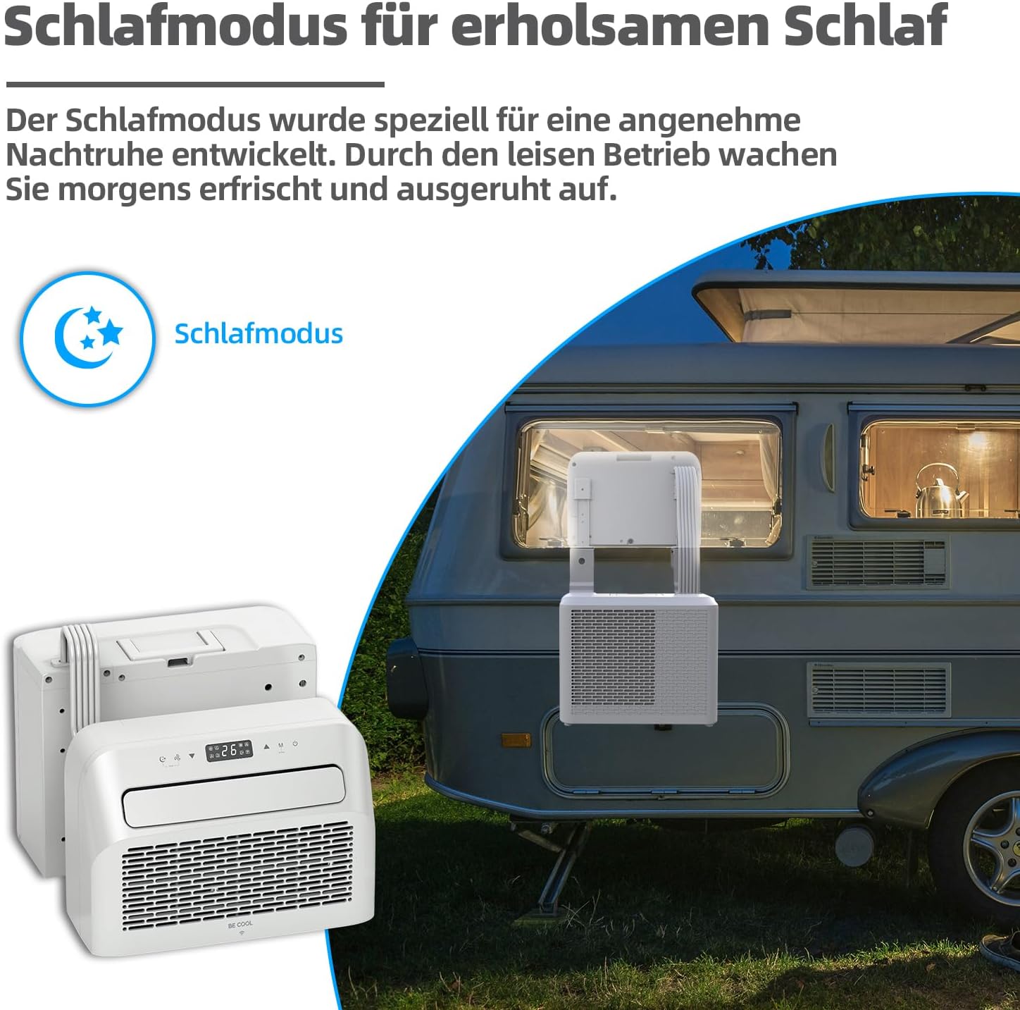 BE COOL BC5CSKL26 3in1 Mini Split Klimaanlage 5000 BTU mit WiFi, App-Steuerung, Kühlen, Lüften, Entfeuchten, 24h Timer, Schlafmodus, für Räume bis 12 m², Wohnmobil, Wohnwagen, weiß