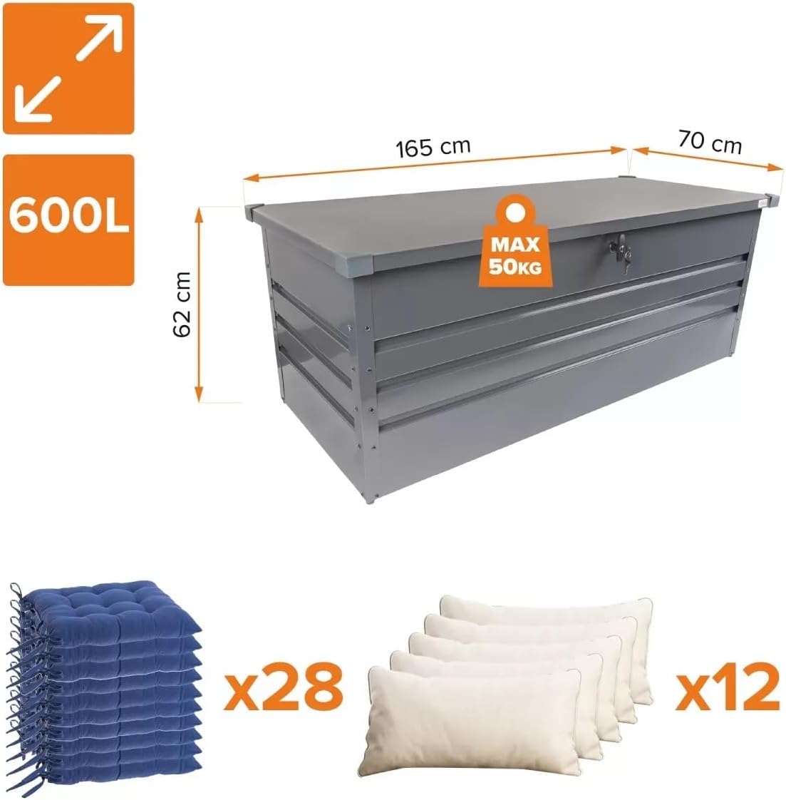 Grindi - Gartenbox Metall - Kissenbox - Auflagenbox - Orto II 600 L - Aufbewahrungsbox mit Deckel - Outdoor Schrank - Paketbox - Sitzbank mit Stauraum - Gartenhaus - Geräteschuppen - Truhe mit Deckel