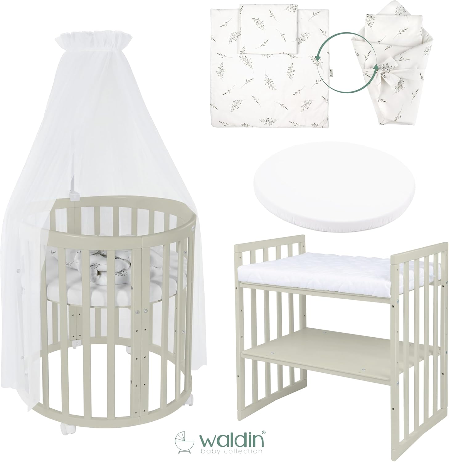 Waldin Oval Baby-Bett Mitwachsend Komplett Set 7in1, Gitterbett, Kinderbett mit Matratze, Wickelkommode, Beistellbett, Holz Weiß