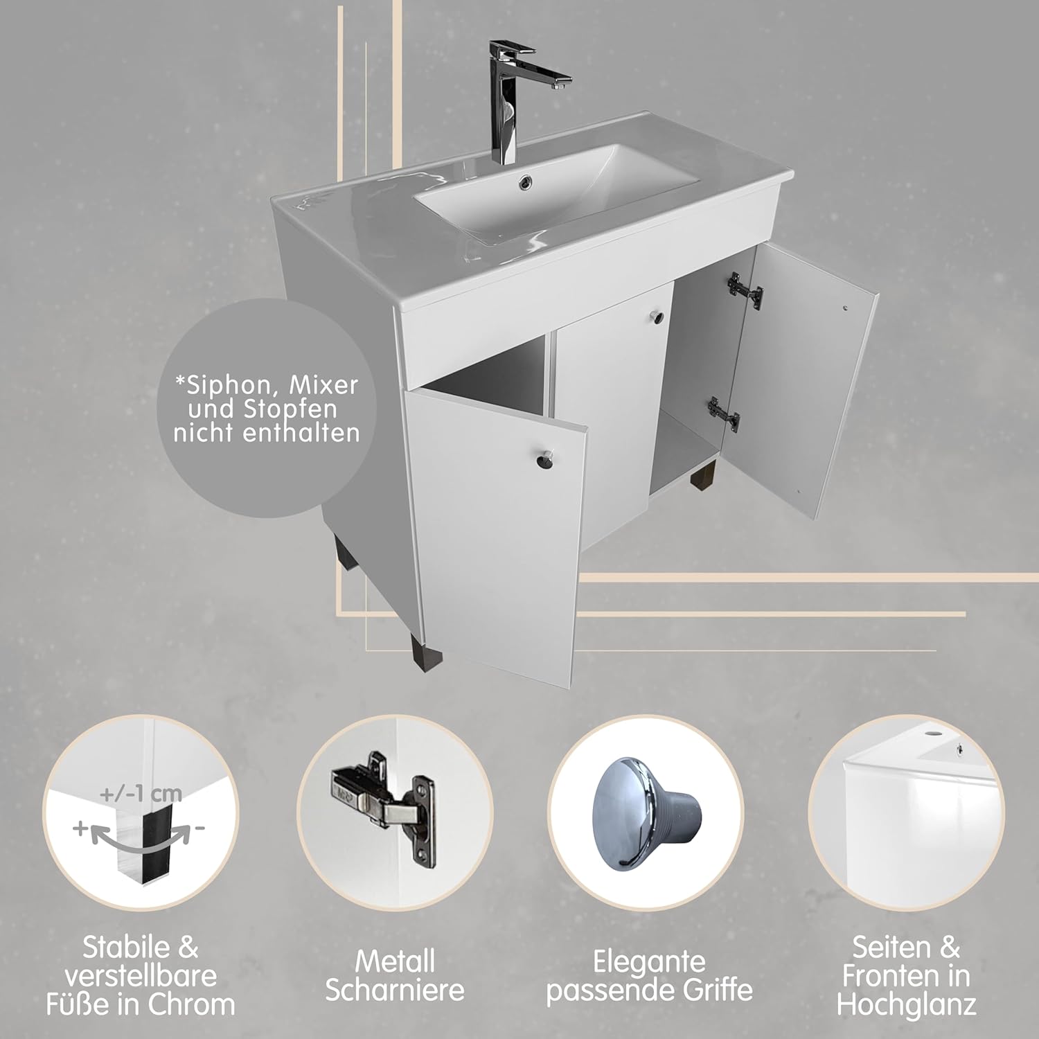 Waschbecken mit Unterschrank 80 cm Breit | Badezimmerschrank IGA Sink | Badmöbel Set für Badezimmer & Gäste-WC | Waschtisch mit Unterschrank Stehend | Waschbeckenunterschrank Weiß