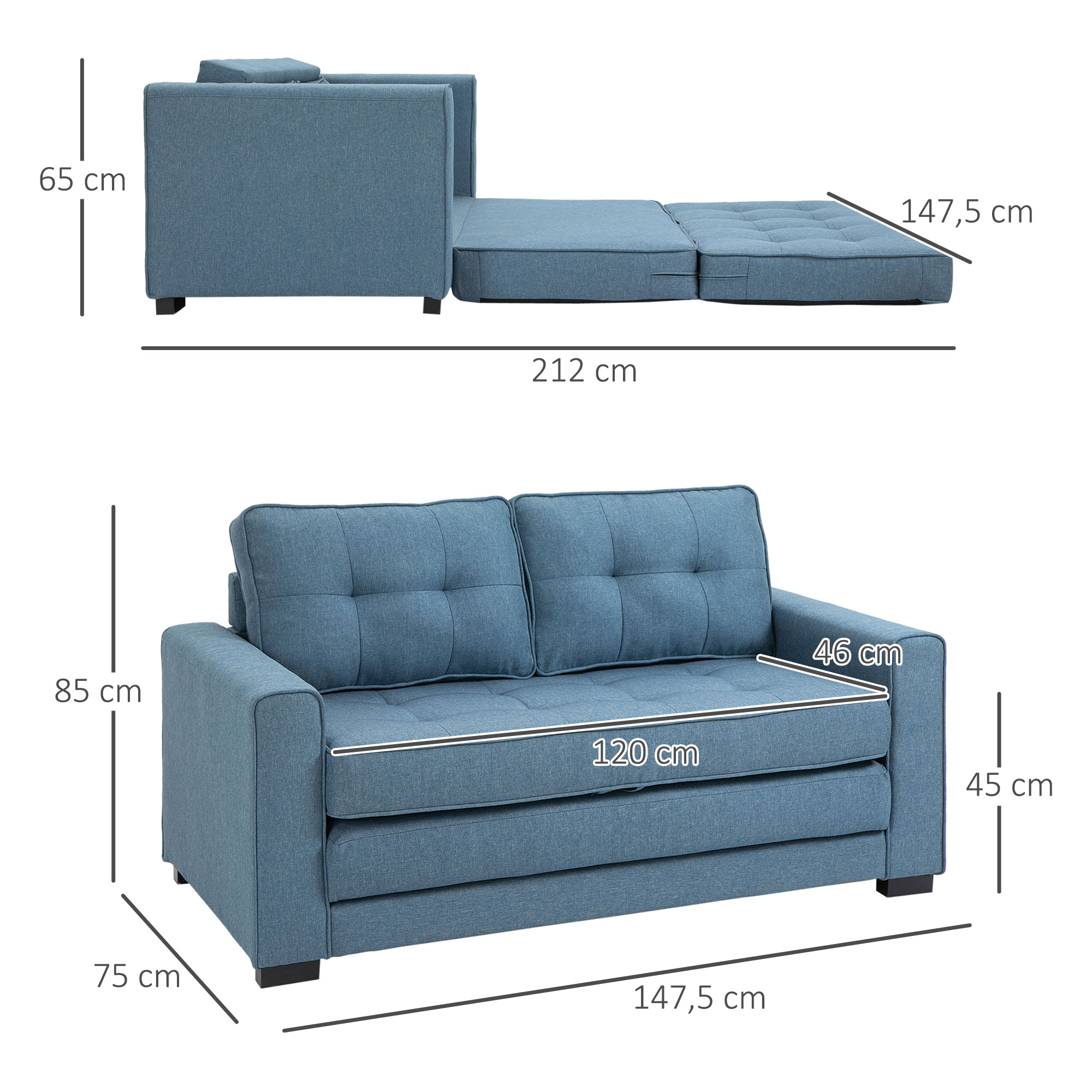 slaapbank, opklapbare sofa 2-zits, stoffen slaapbank, sofa met slaapfunctie, linnen touch, rubber hout, blauw, 147.5 x 75 x 85 cm